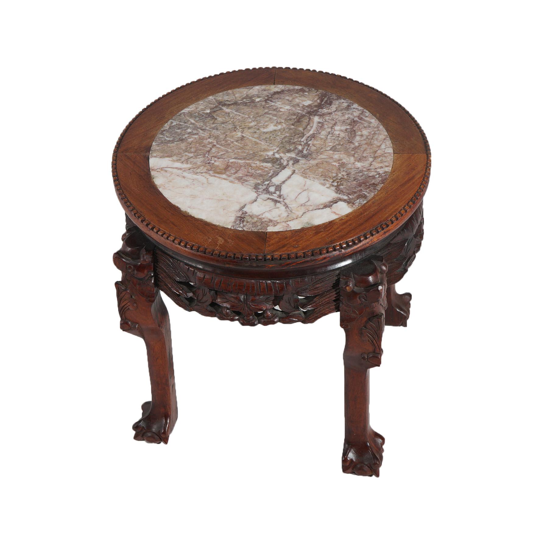 Chinese Deeply Carved Hardwood & Inset Marble Round Plant Stand 20thC In Good Condition For Sale In Big Flats, NY