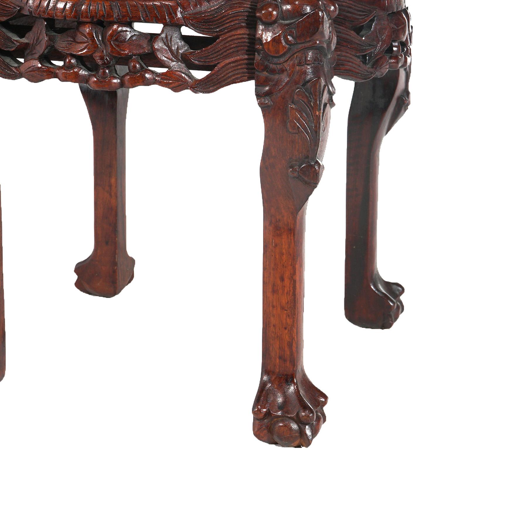 Chinese Deeply Carved Hardwood & Inset Marble Round Plant Stand 20thC In Good Condition For Sale In Big Flats, NY