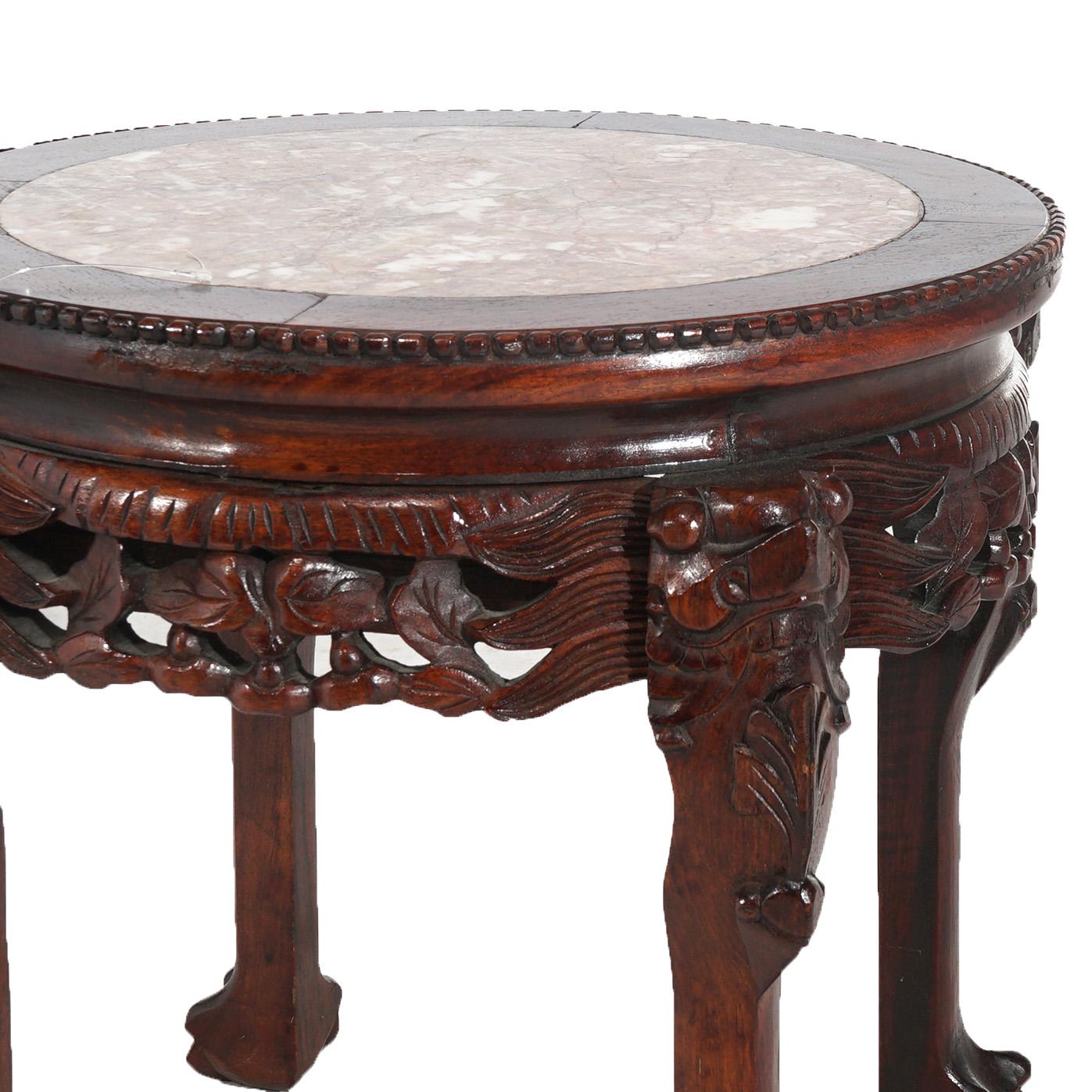 20th Century Chinese Deeply Carved Hardwood & Inset Marble Round Plant Stand 20thC For Sale
