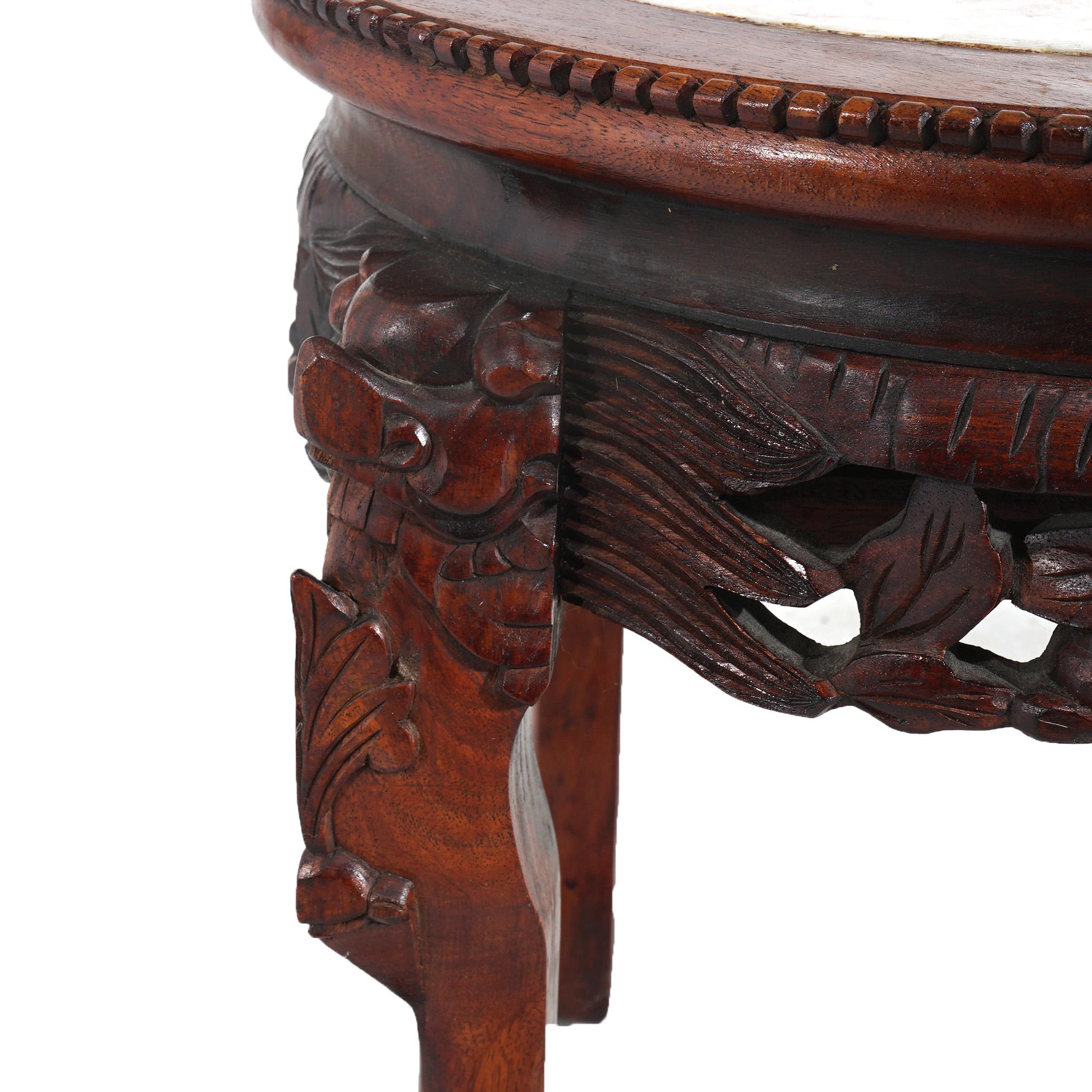 Chinese Deeply Carved Hardwood & Inset Marble Round Plant Stand 20thC For Sale 1