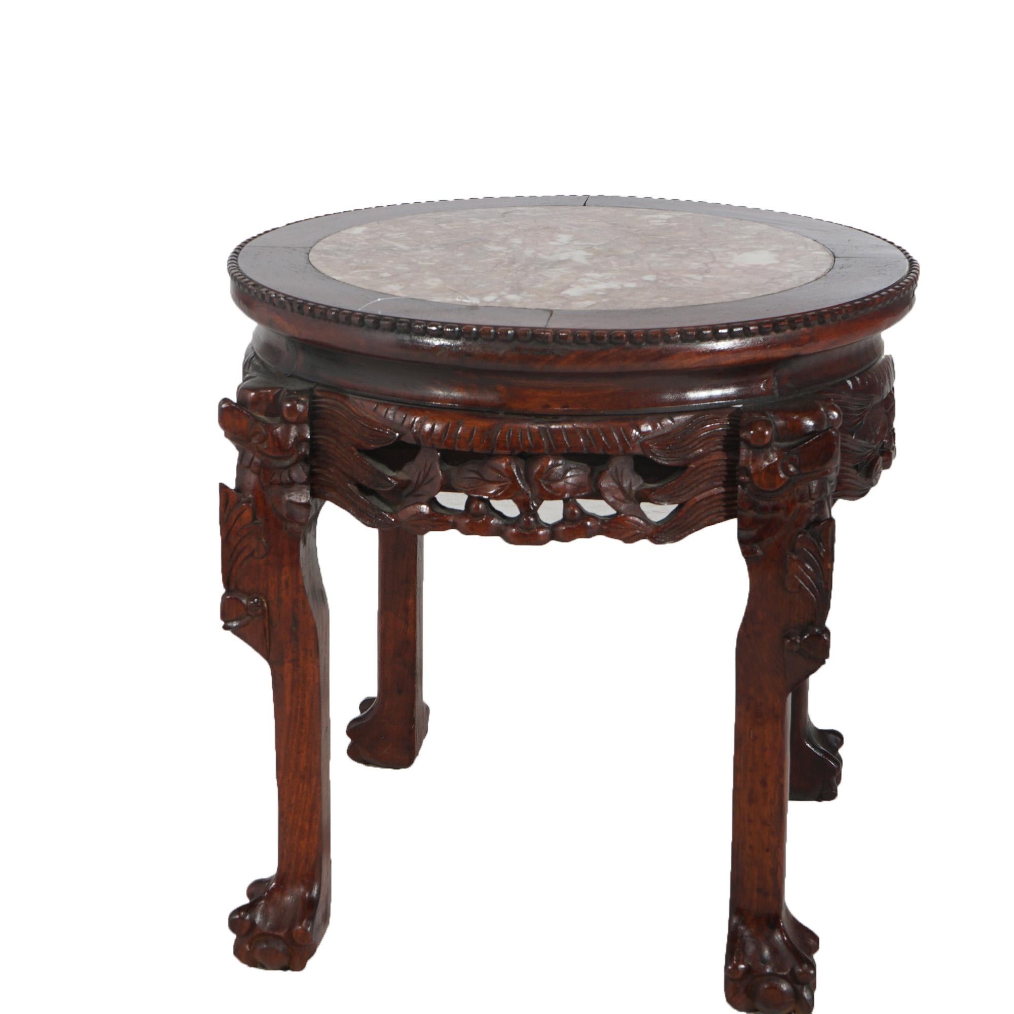 Chinese Deeply Carved Hardwood & Inset Marble Round Plant Stand 20thC For Sale 1