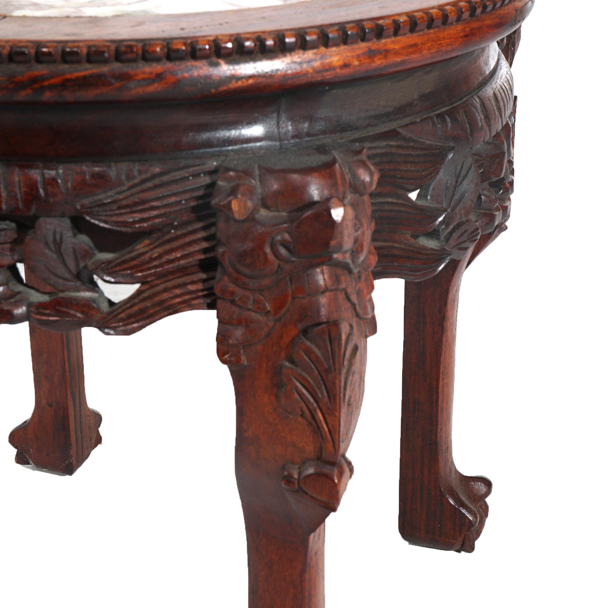 Chinese Deeply Carved Hardwood & Inset Marble Round Plant Stand 20thC For Sale 2