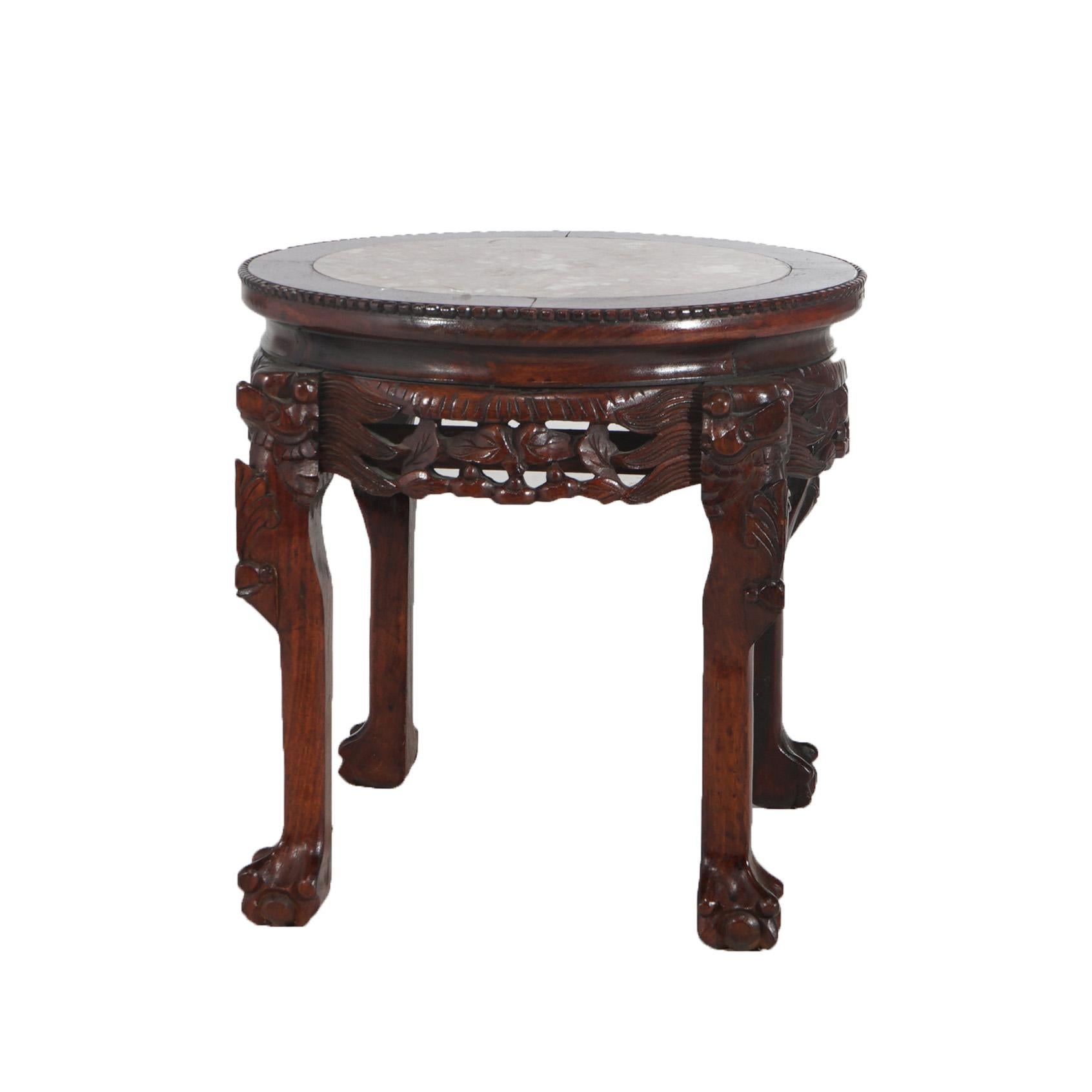 Chinese Deeply Carved Hardwood & Inset Marble Round Plant Stand 20thC For Sale 2