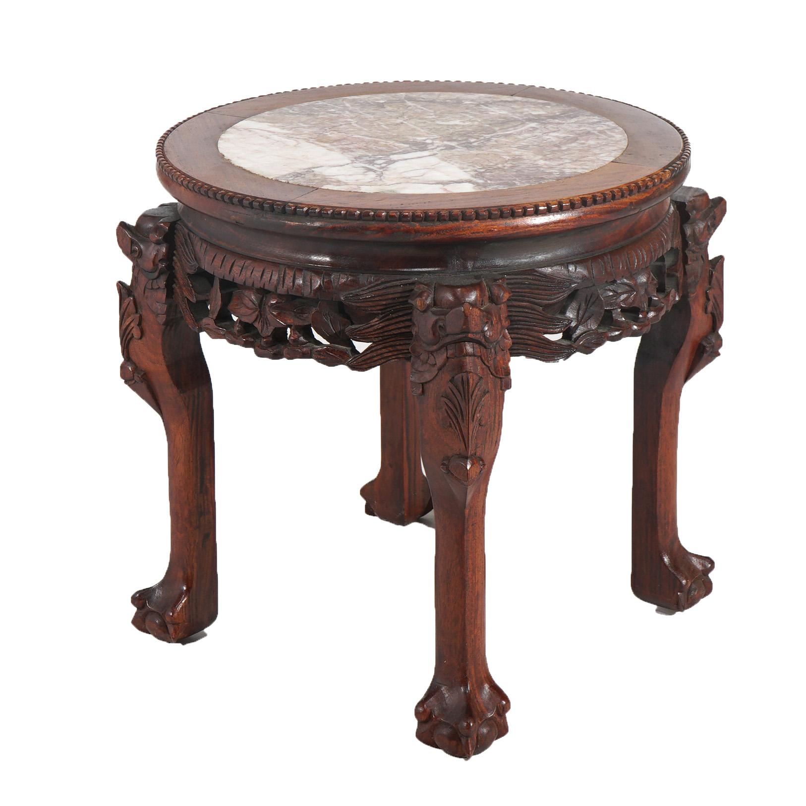 Chinese Deeply Carved Hardwood & Inset Marble Round Plant Stand 20thC For Sale 3