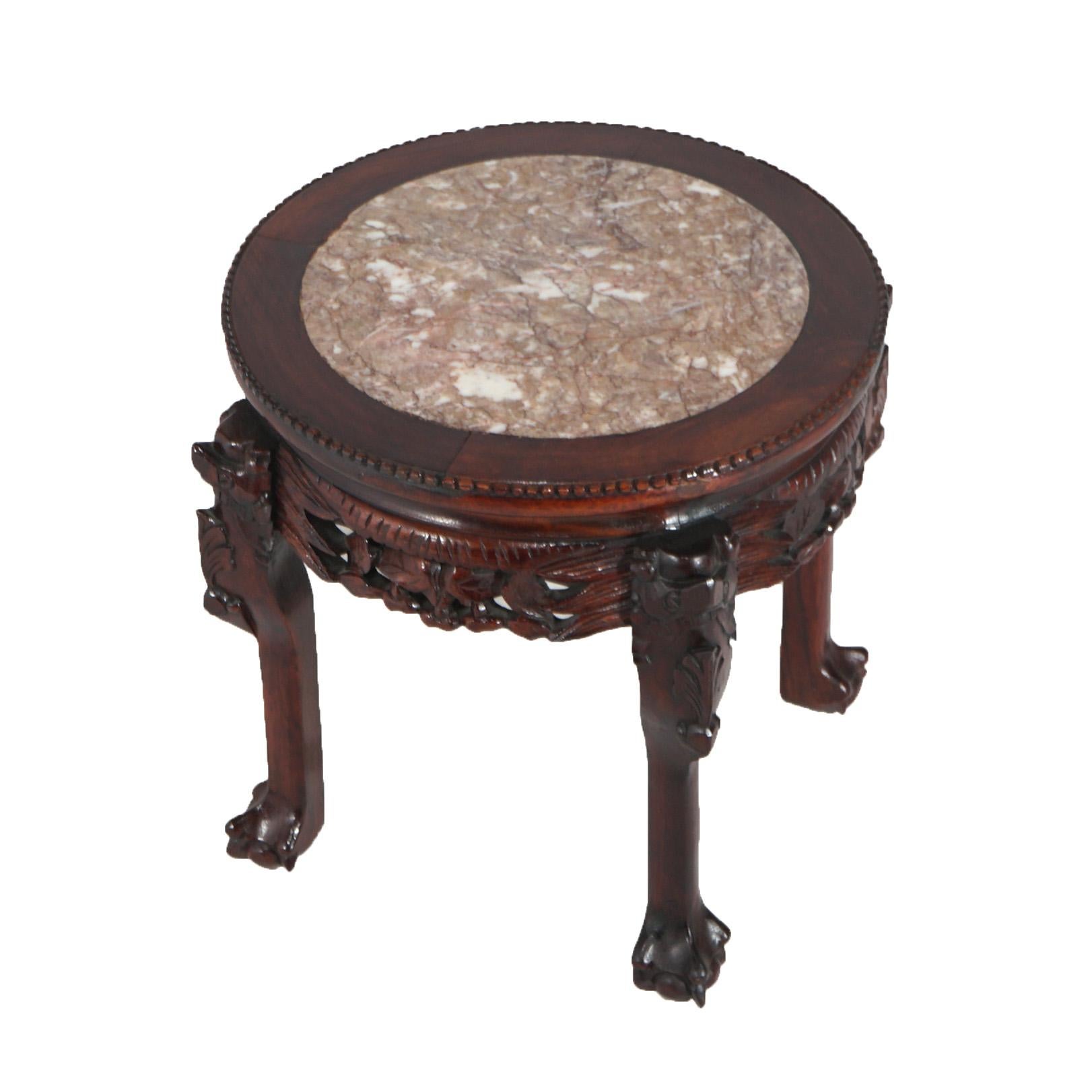Chinese Deeply Carved Hardwood & Inset Marble Round Plant Stand 20thC For Sale 3