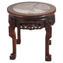 Chinese Deeply Carved Hardwood & Inset Marble Round Plant Stand 20thC