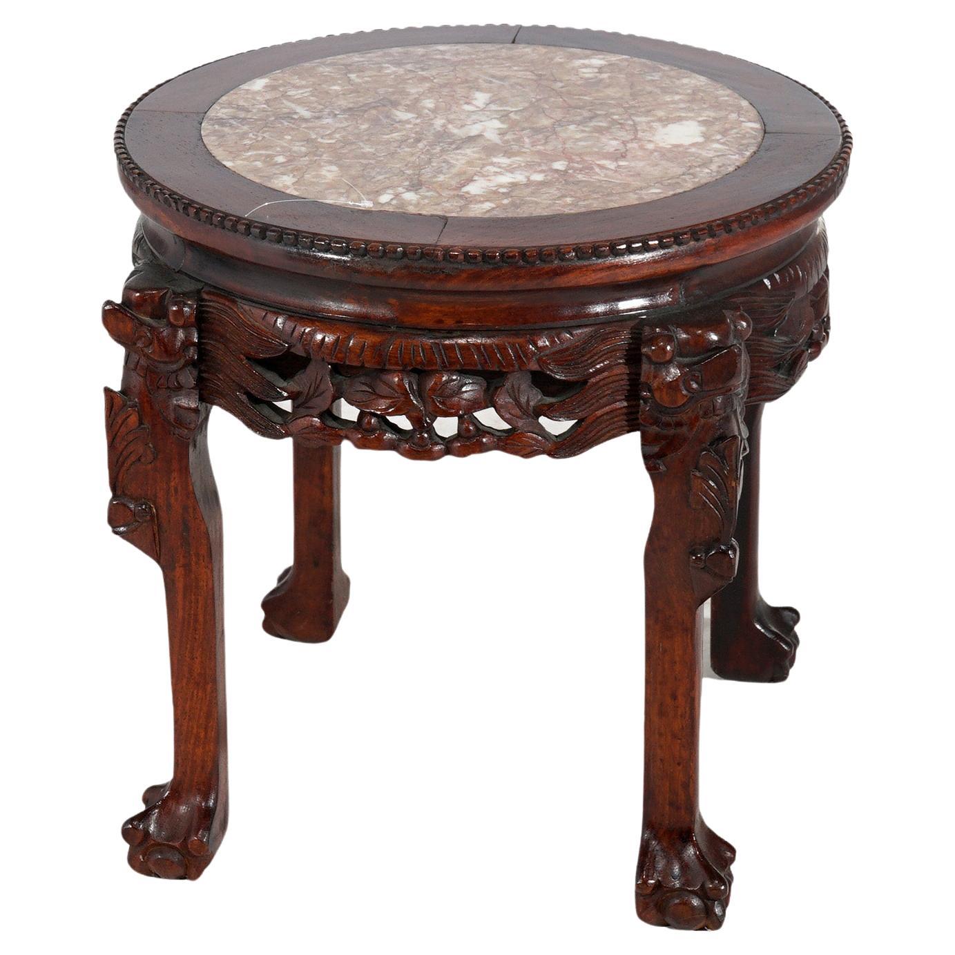 Chinese Deeply Carved Hardwood & Inset Marble Round Plant Stand 20thC