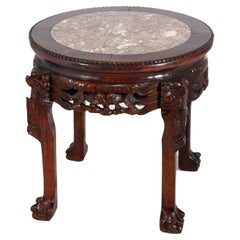 Chinese Deeply Carved Hardwood & Inset Marble Round Plant Stand 20thC