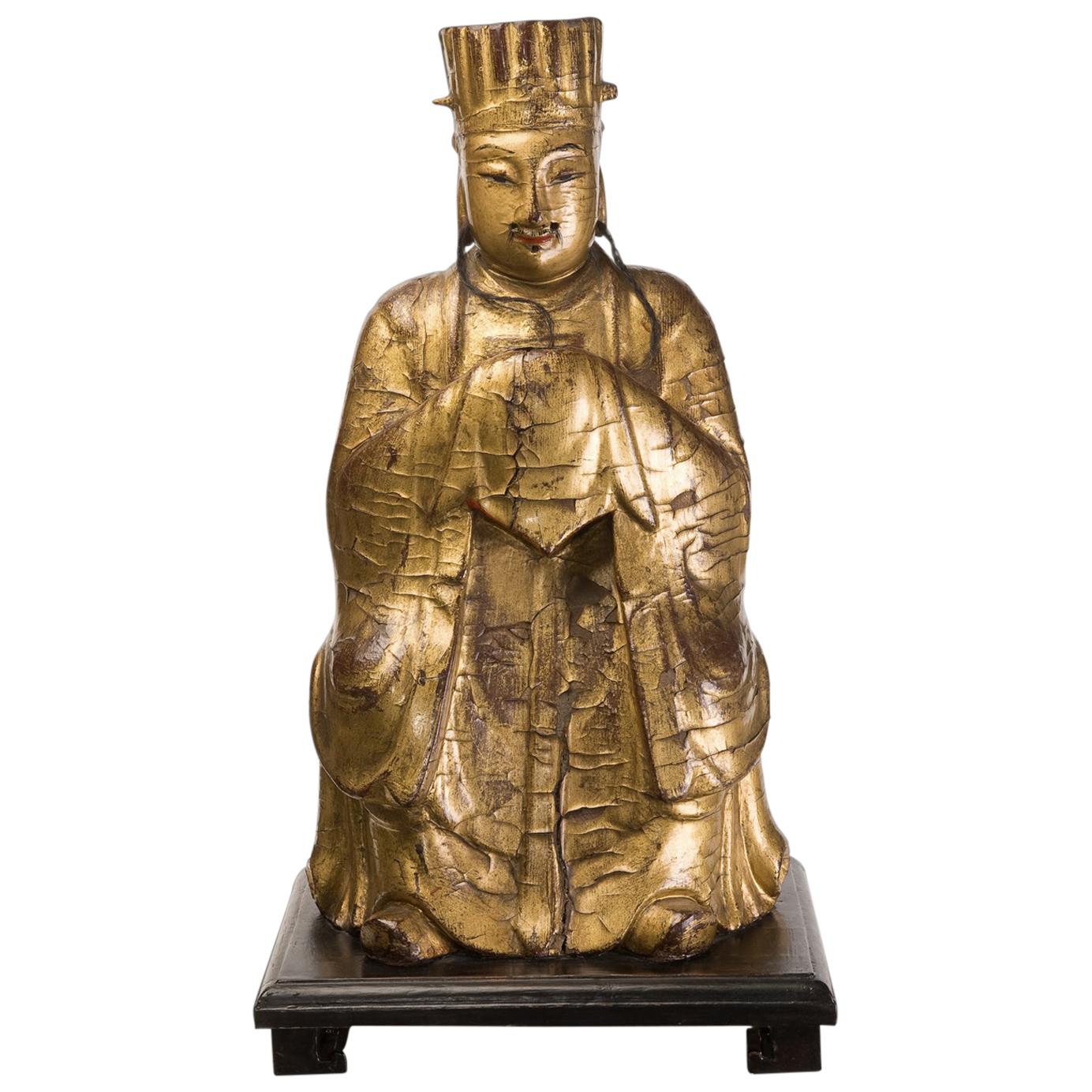 Chinese Dignatary Figure in Gilded and Painted Wood, 18th Century