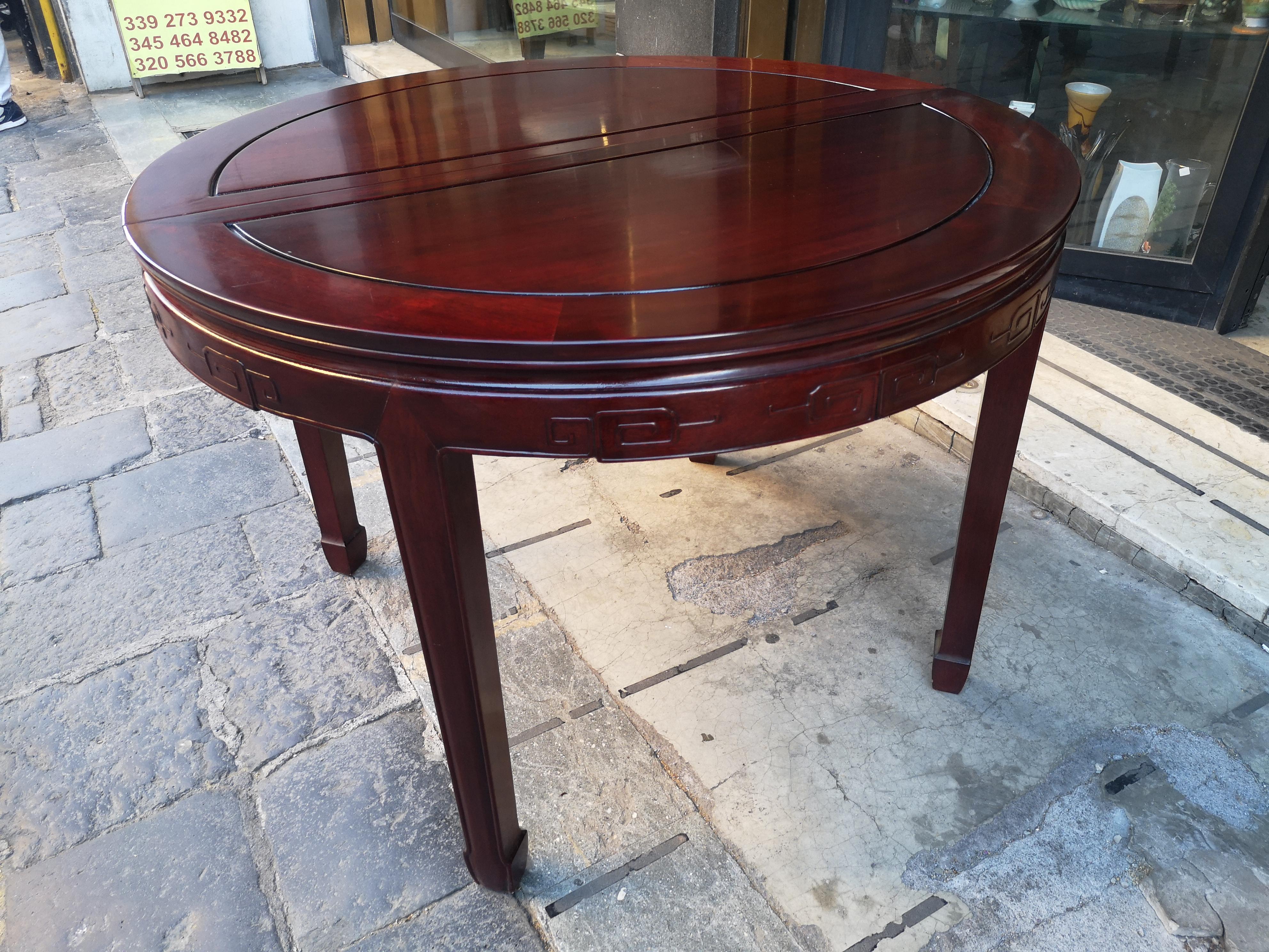 Chinese dining table 112 cm in mahogany from the 1970s with 2 extensions 204 cm in vendita 8