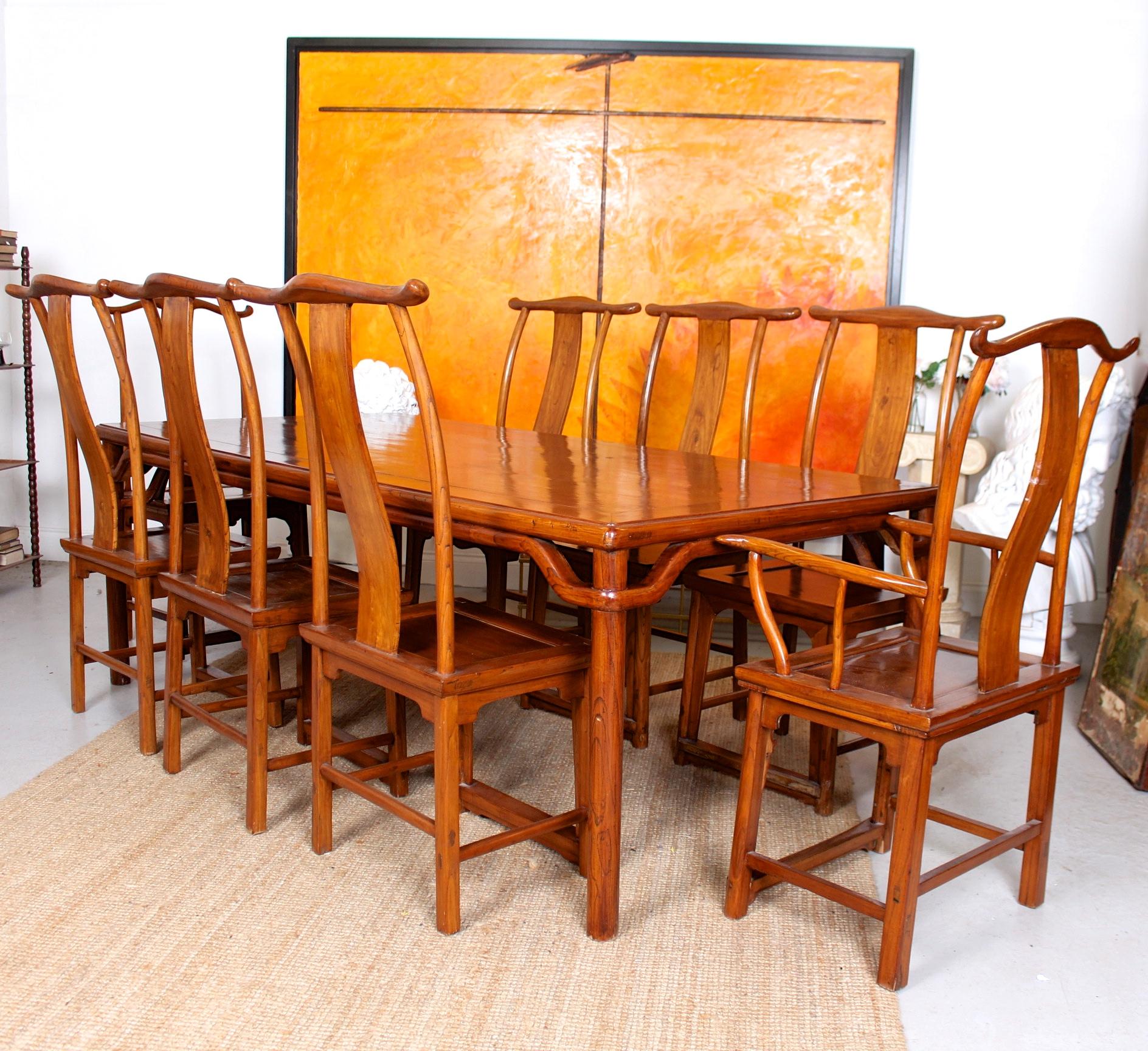 Chinese Export Chinese Dining Table and 8 Chairs Hardwood Oriental For Sale
