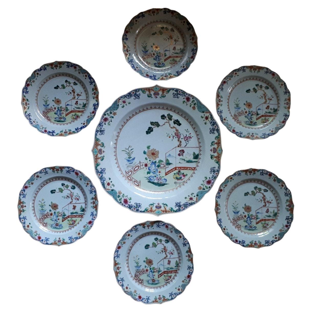 Chinese Dish and Six Porcelain Plates, China Qianlong Period For Sale