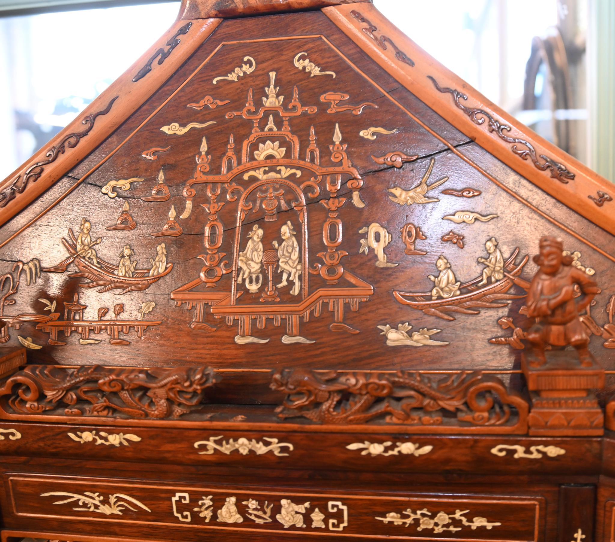 Chinese Display Cabinet Pagoda Top Inlay Carved 1840 For Sale 7