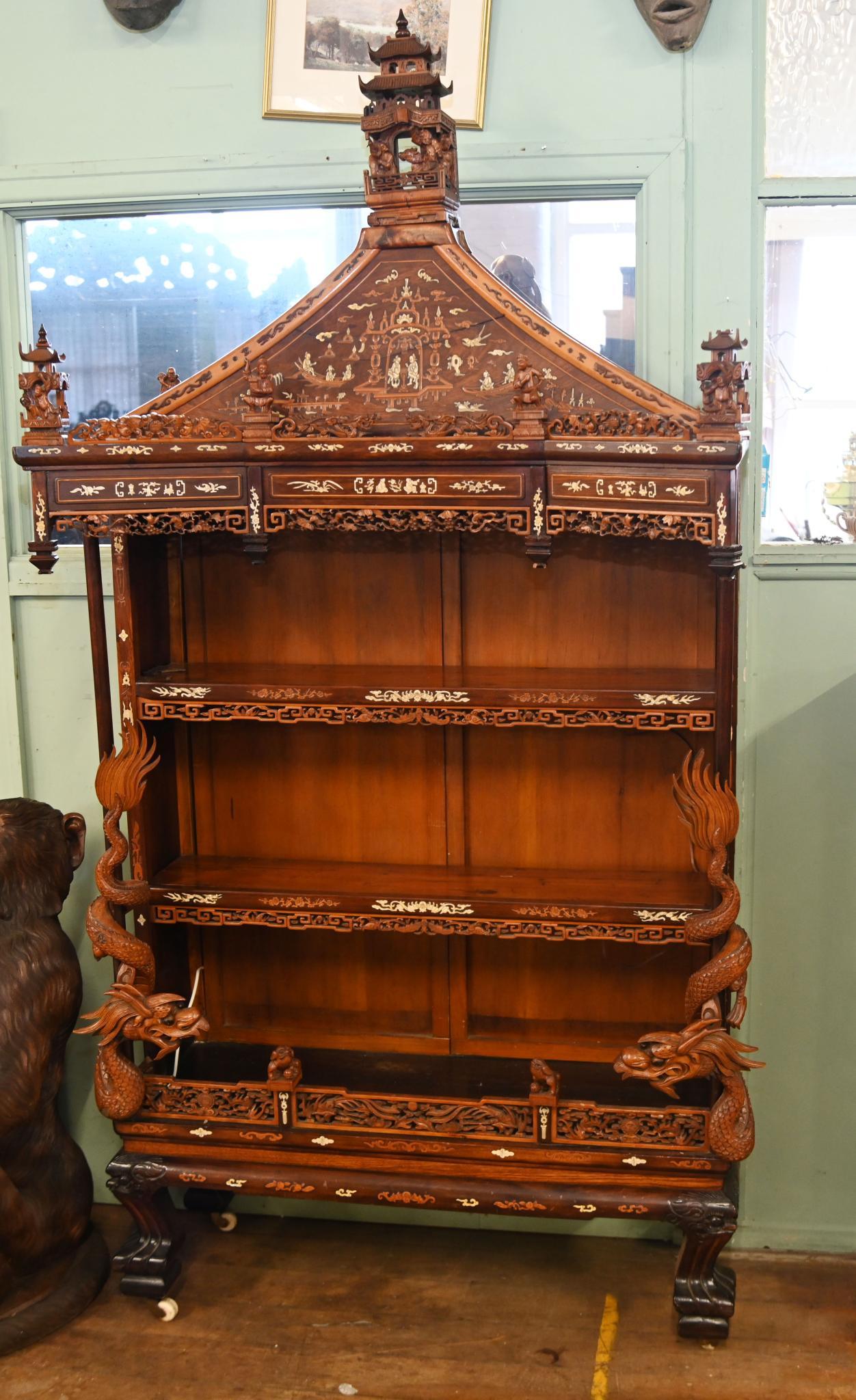 Chinese Display Cabinet Pagoda Top Inlay Carved 1840 For Sale 10