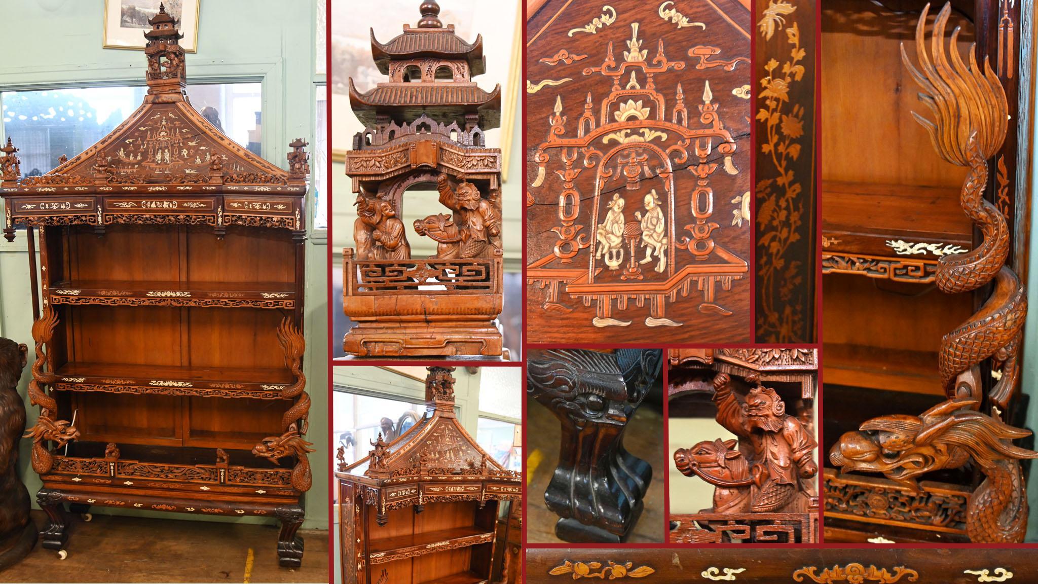 Chinese Display Cabinet Pagoda Top Inlay Carved 1840 For Sale 11