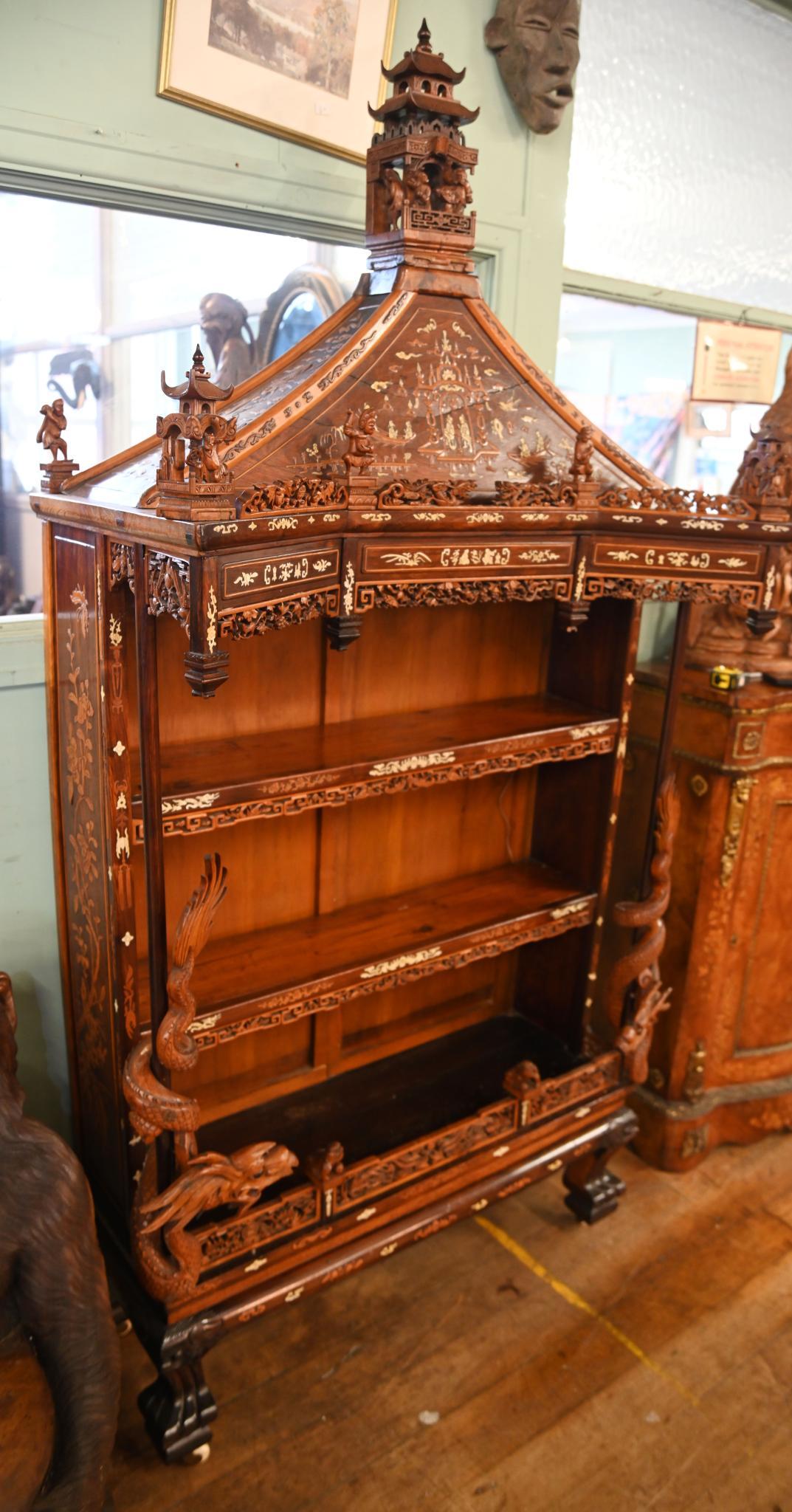 Chinese Display Cabinet Pagoda Top Inlay Carved 1840 In Good Condition For Sale In Potters Bar, GB