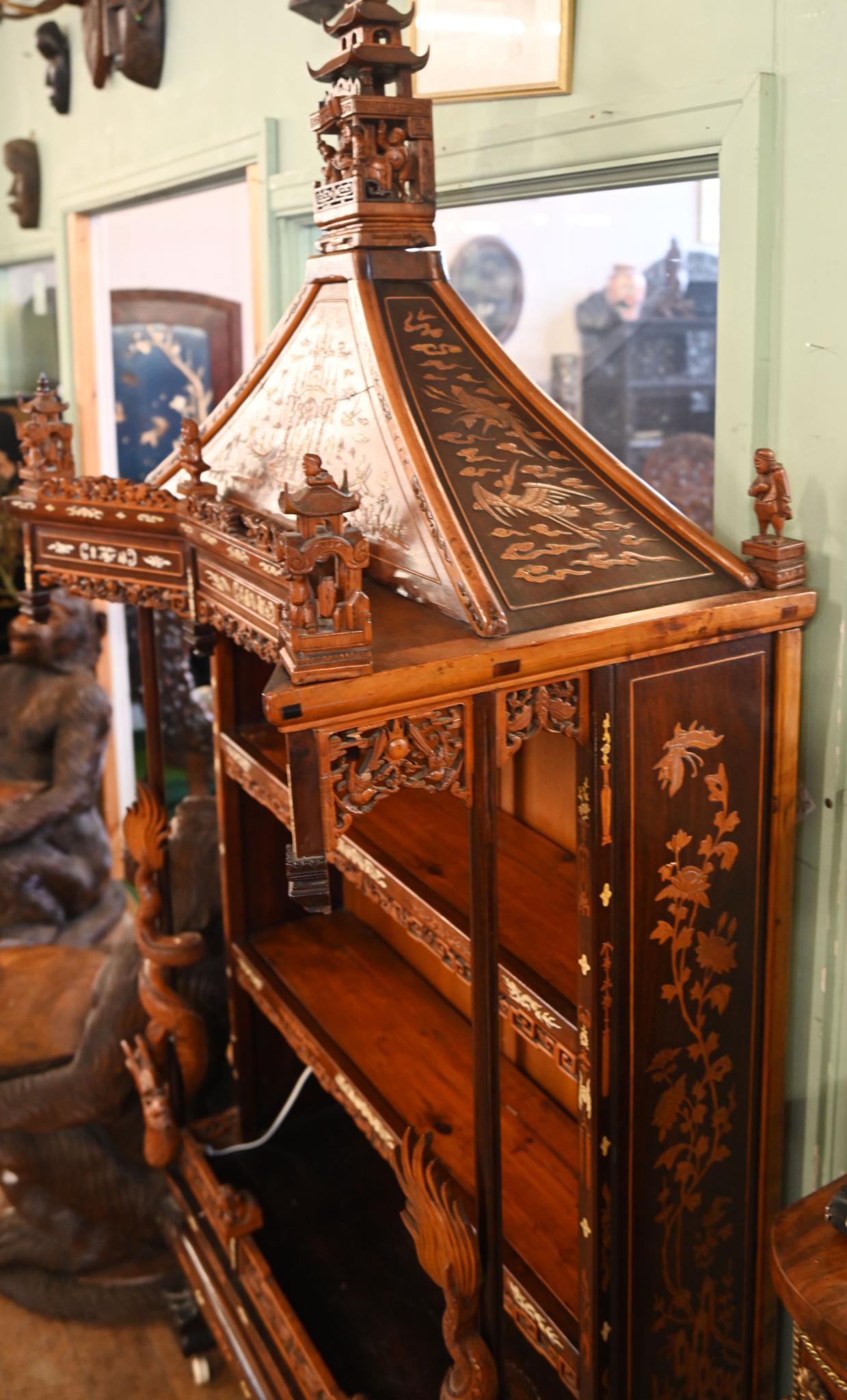Mid-19th Century Chinese Display Cabinet Pagoda Top Inlay Carved 1840 For Sale
