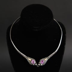 Chinese Double Dragon Silver and Amethyst Choker