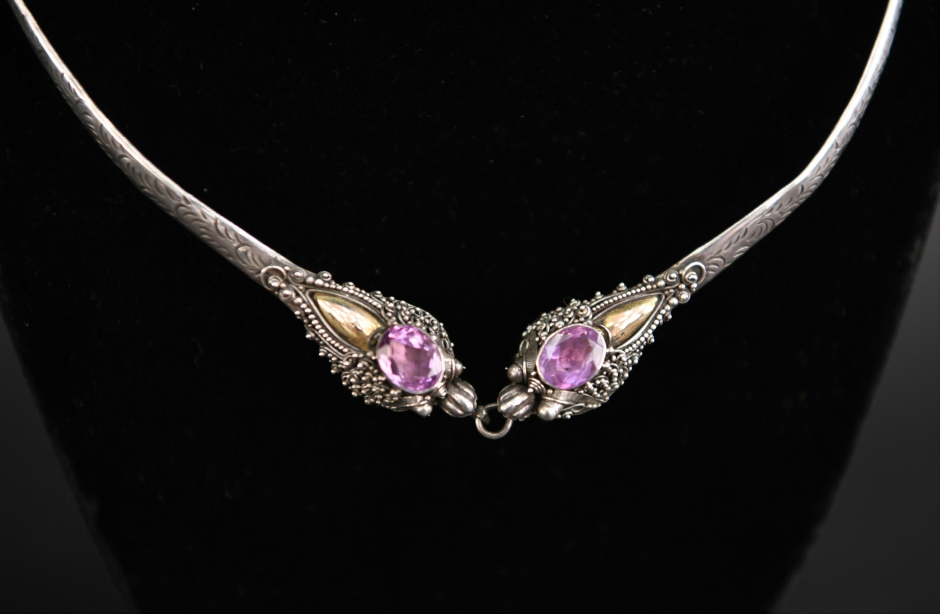 Chinese Double Dragon Silver and Amethyst Choker In Good Condition For Sale In Norwalk, CT