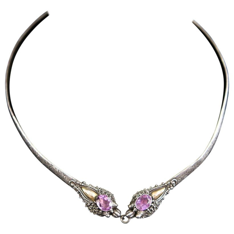 Chinese Double Dragon Silver and Amethyst Choker For Sale