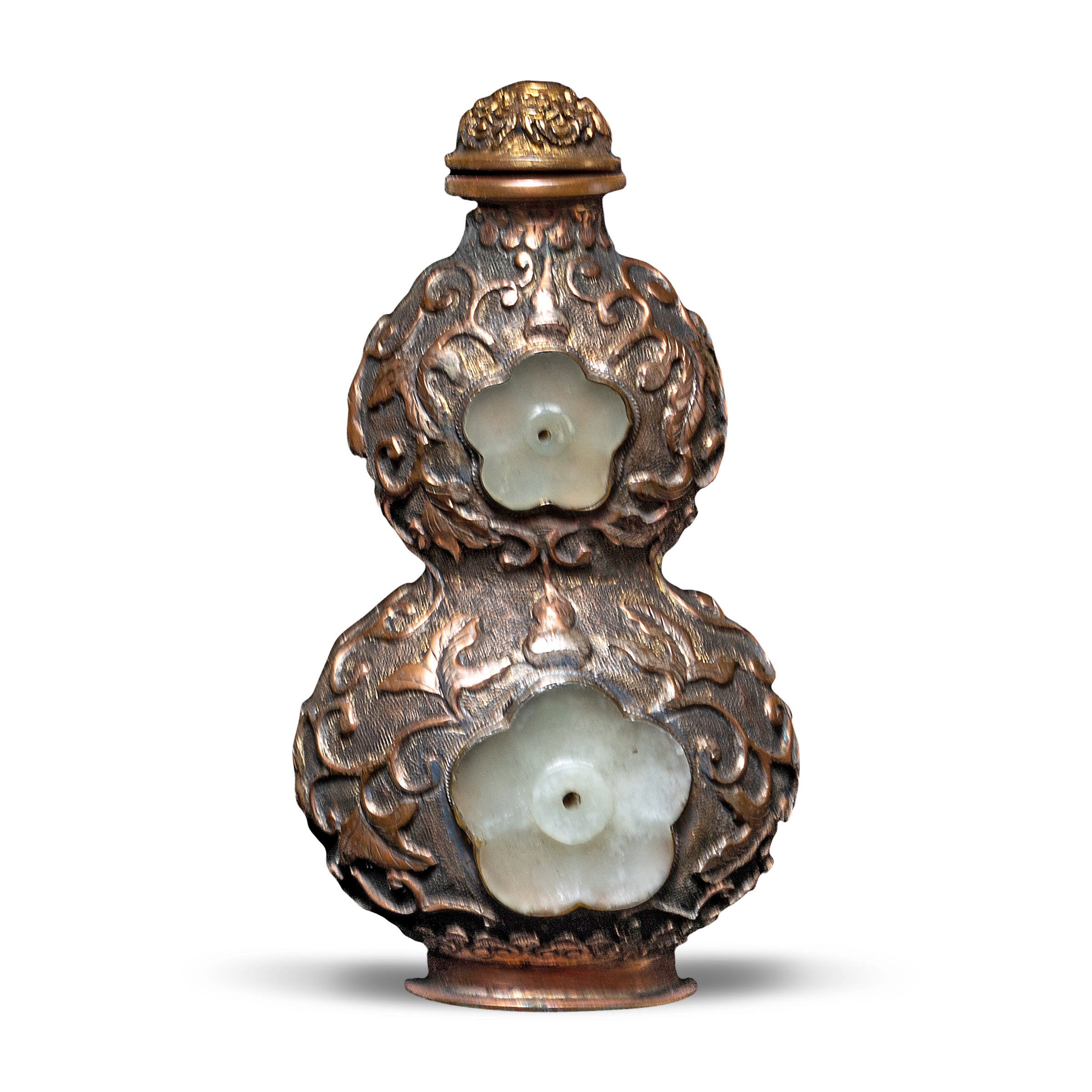 Qing Chinese Double Gourd Repoussé Snuff Bottle with Jade Buttons, c. 1850 For Sale