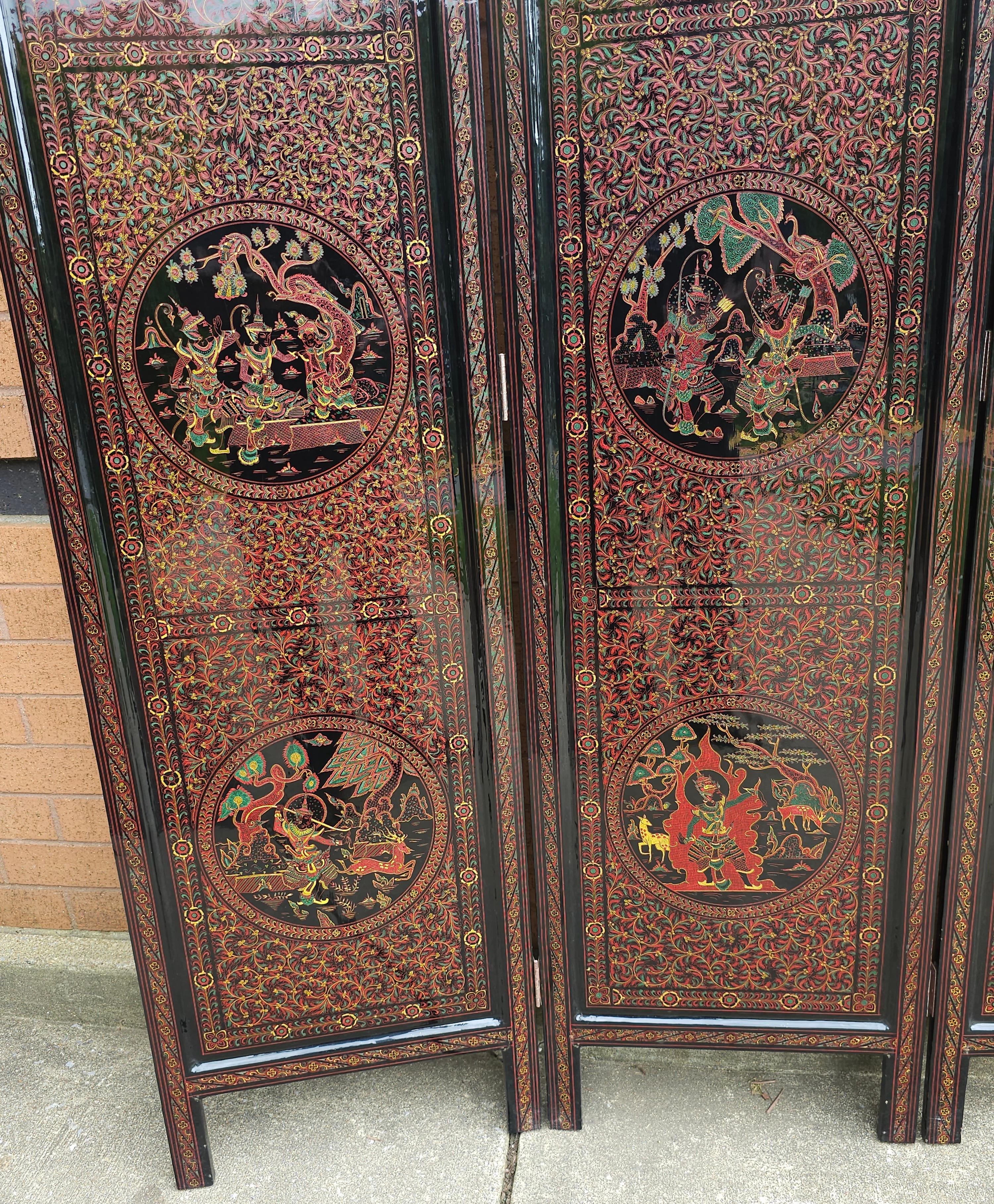 Hong Kong Chinese Double Sided Black Lacquered and Decorated 5 Fold Floor Screen For Sale
