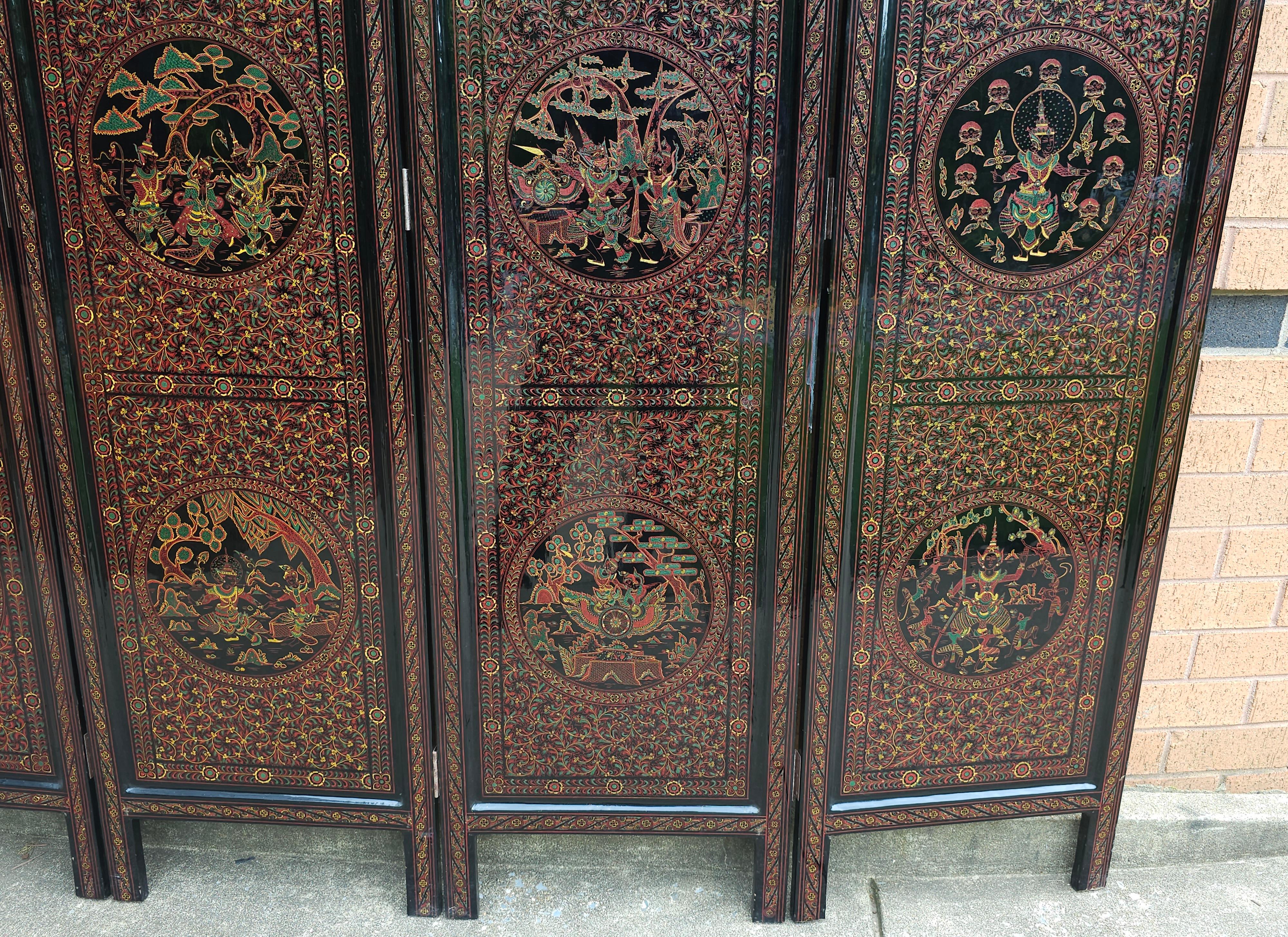 Blackened Chinese Double Sided Black Lacquered and Decorated 5 Fold Floor Screen For Sale