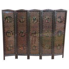 Vintage Chinese Double Sided Black Lacquered and Decorated 5 Fold Floor Screen