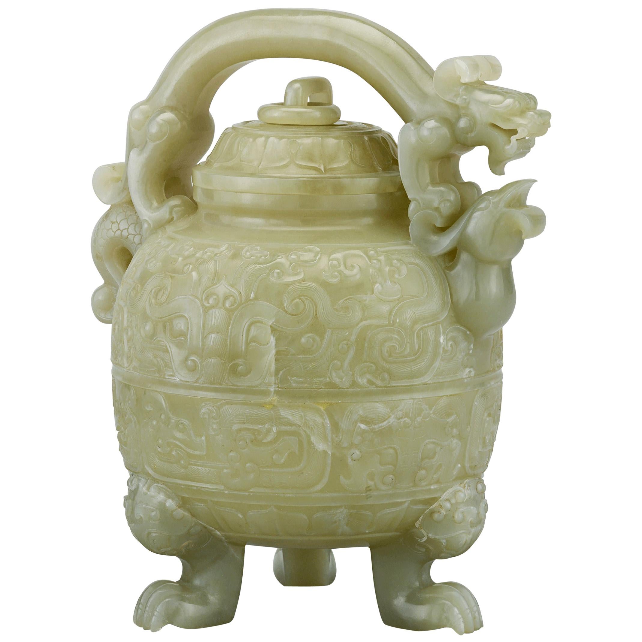 Chinese Dragon and Phoenix Celadon Jade Teapot