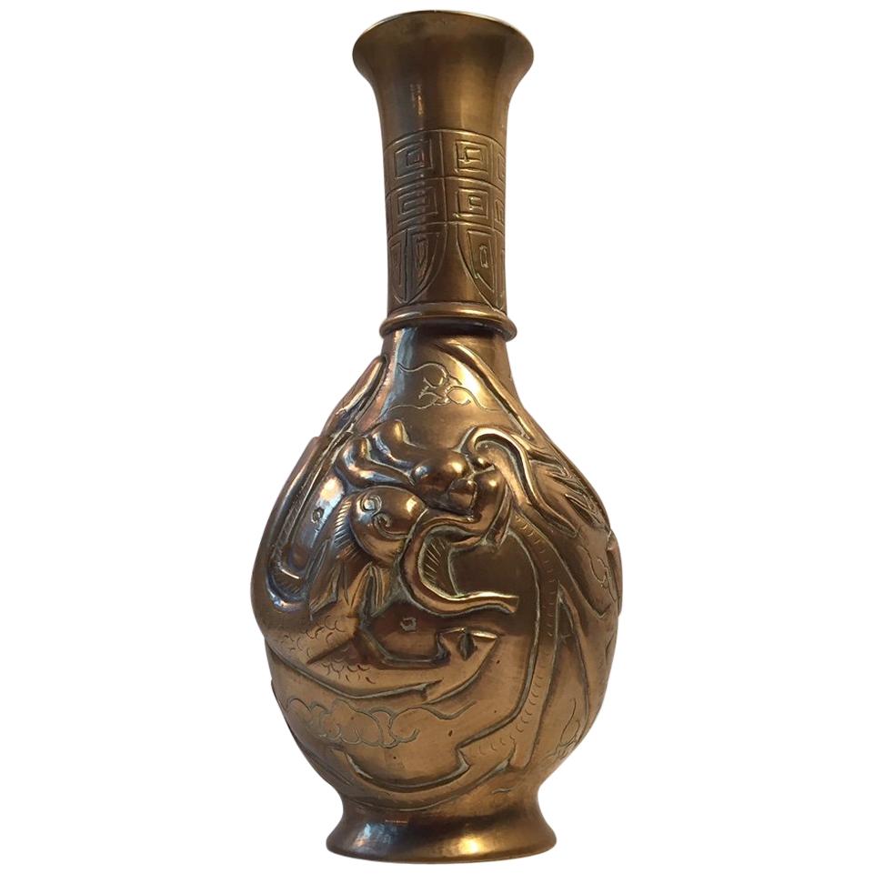 Chinese Dragon Brass Relief Vase in Brass, 20th Century, Signed