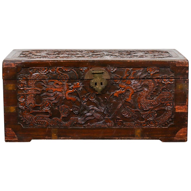 Chinese Dragon Carved Camphor Wood Trunk For Sale at 1stDibs