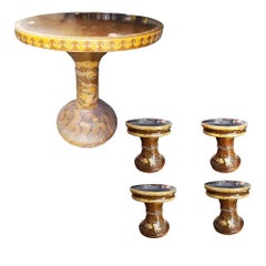 Chinese Dragon Ceramic Glazed Pedestal Table W/ 4 Ceramic Garden Stools