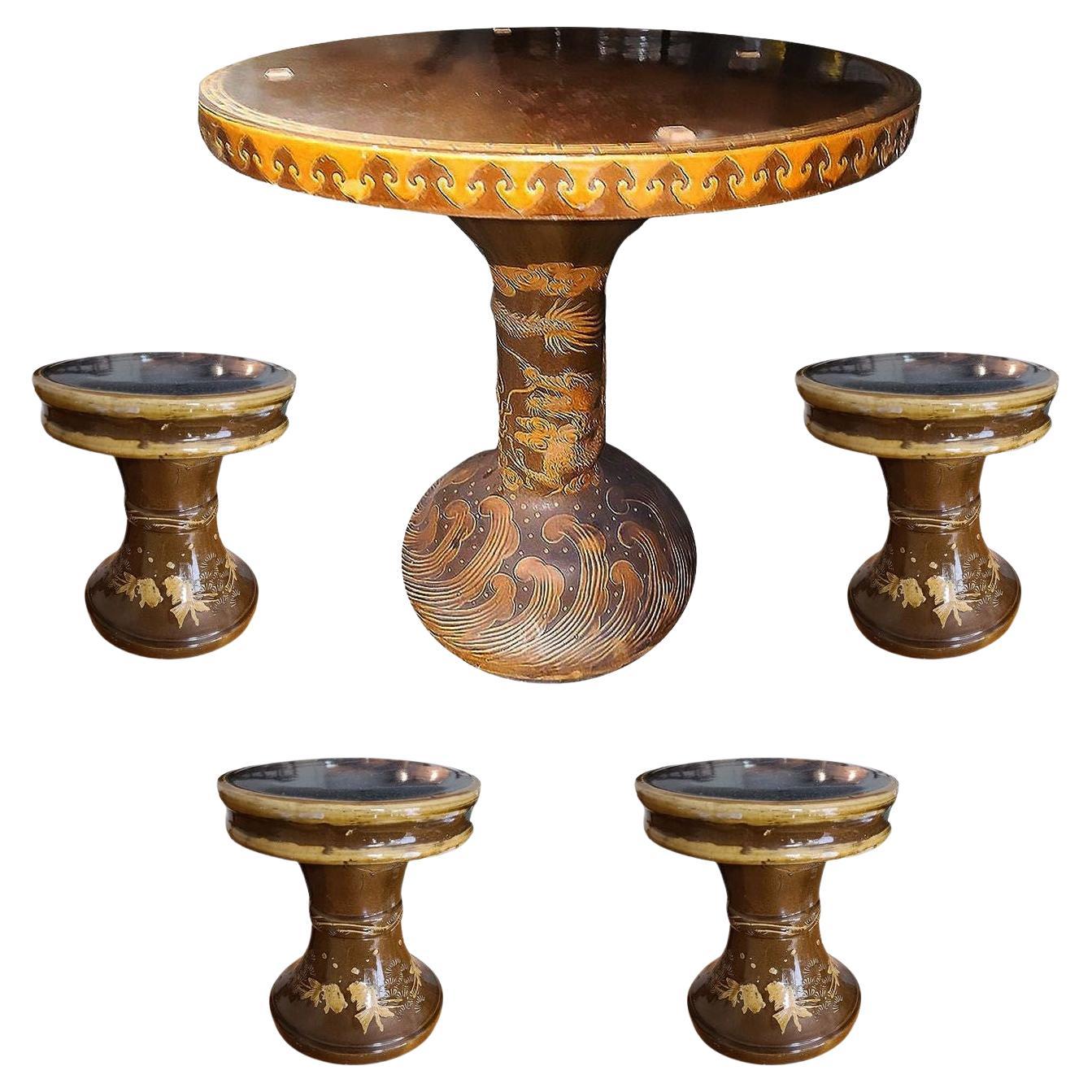Chinese Dragon Ceramic Glazed Pedestal Table W/ 4 Ceramic Garden Stools