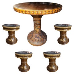 Chinese Dragon Ceramic Glazed Pedestal Table W/ 4 Ceramic Garden Stools