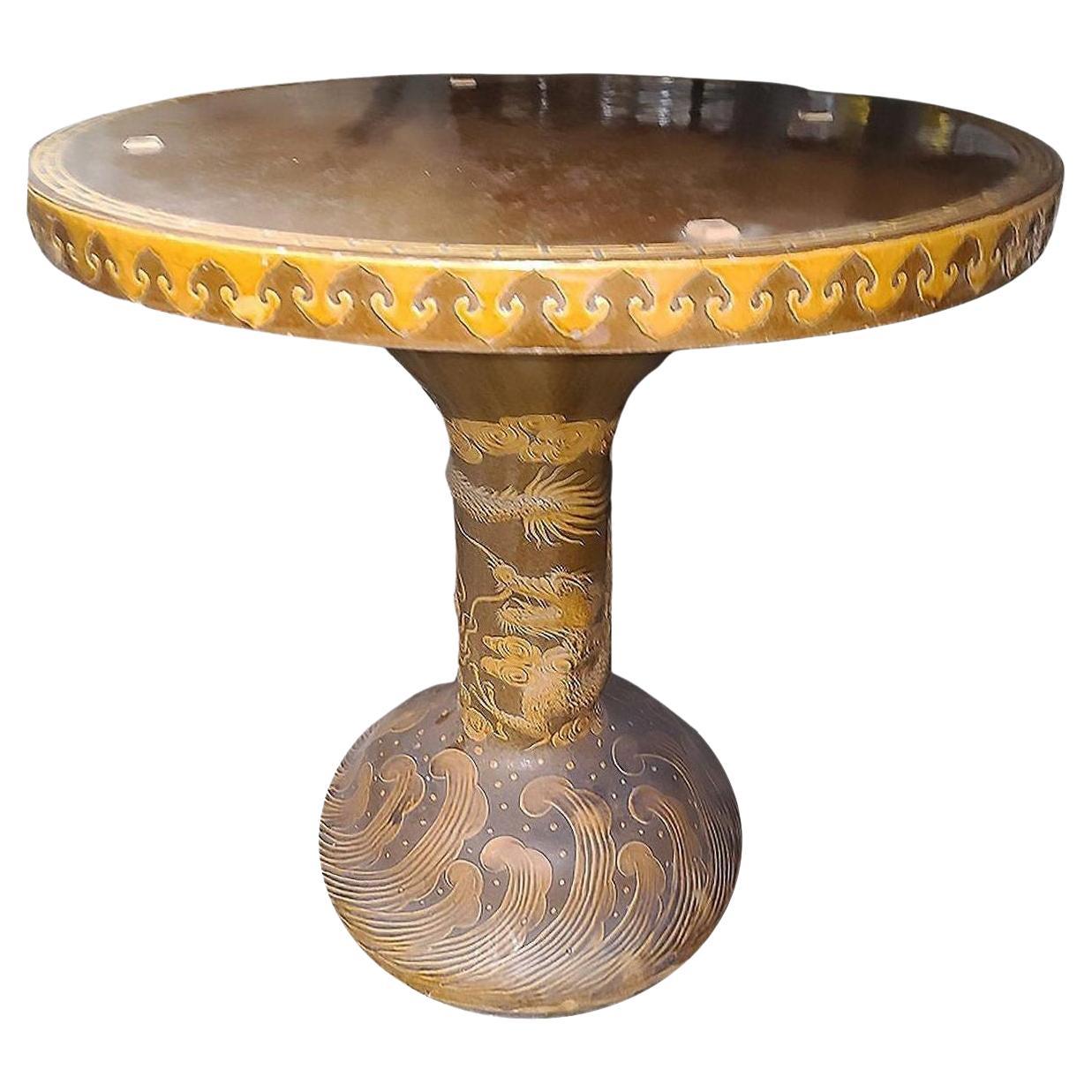 Chinese Dragon Ceramic Glazed Pedestal Table For Sale