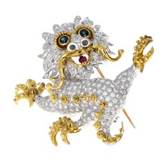 Chinese Dragon Diamond Ruby Sapphire Brooch