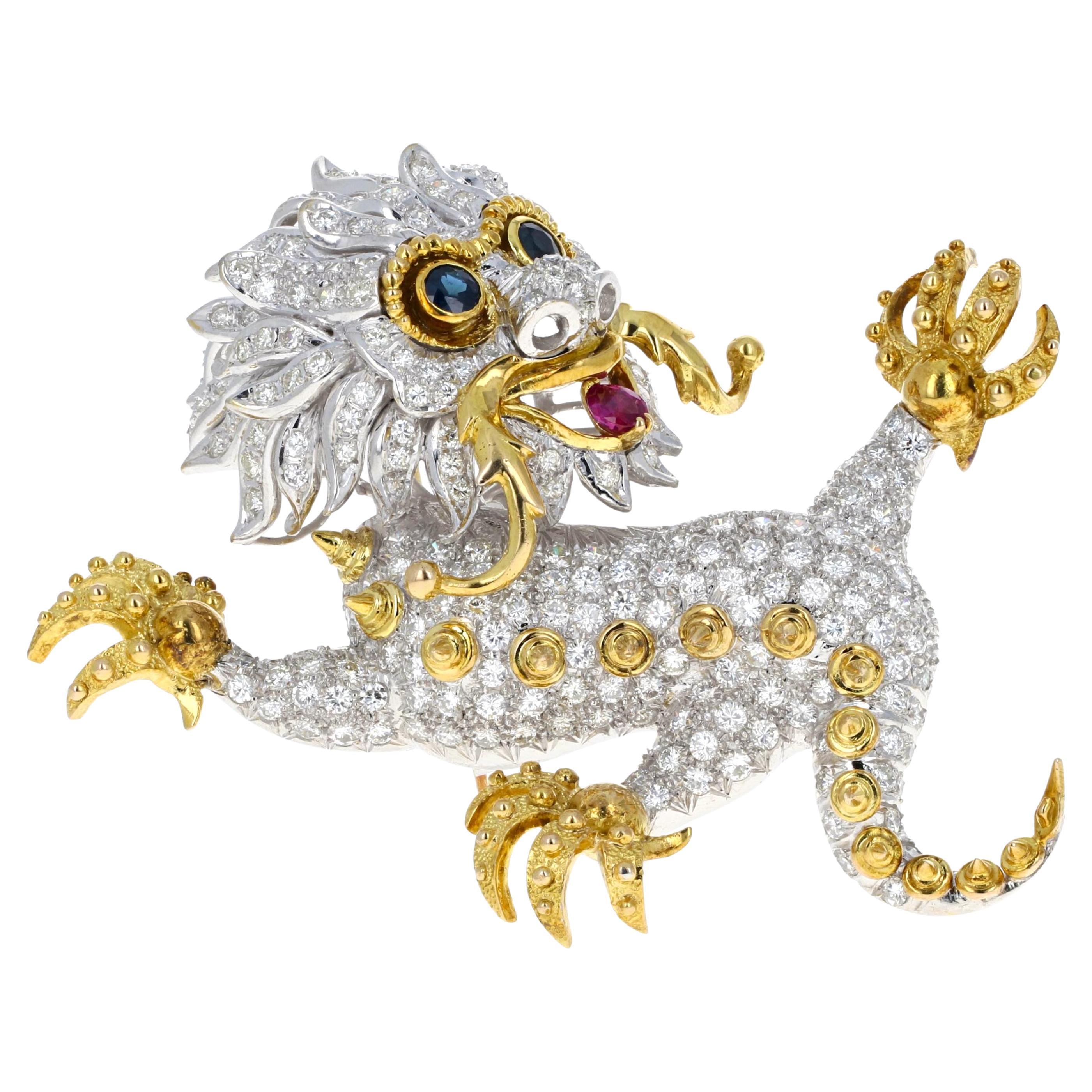 Broche dragon chinois diamant rubis saphir en vente