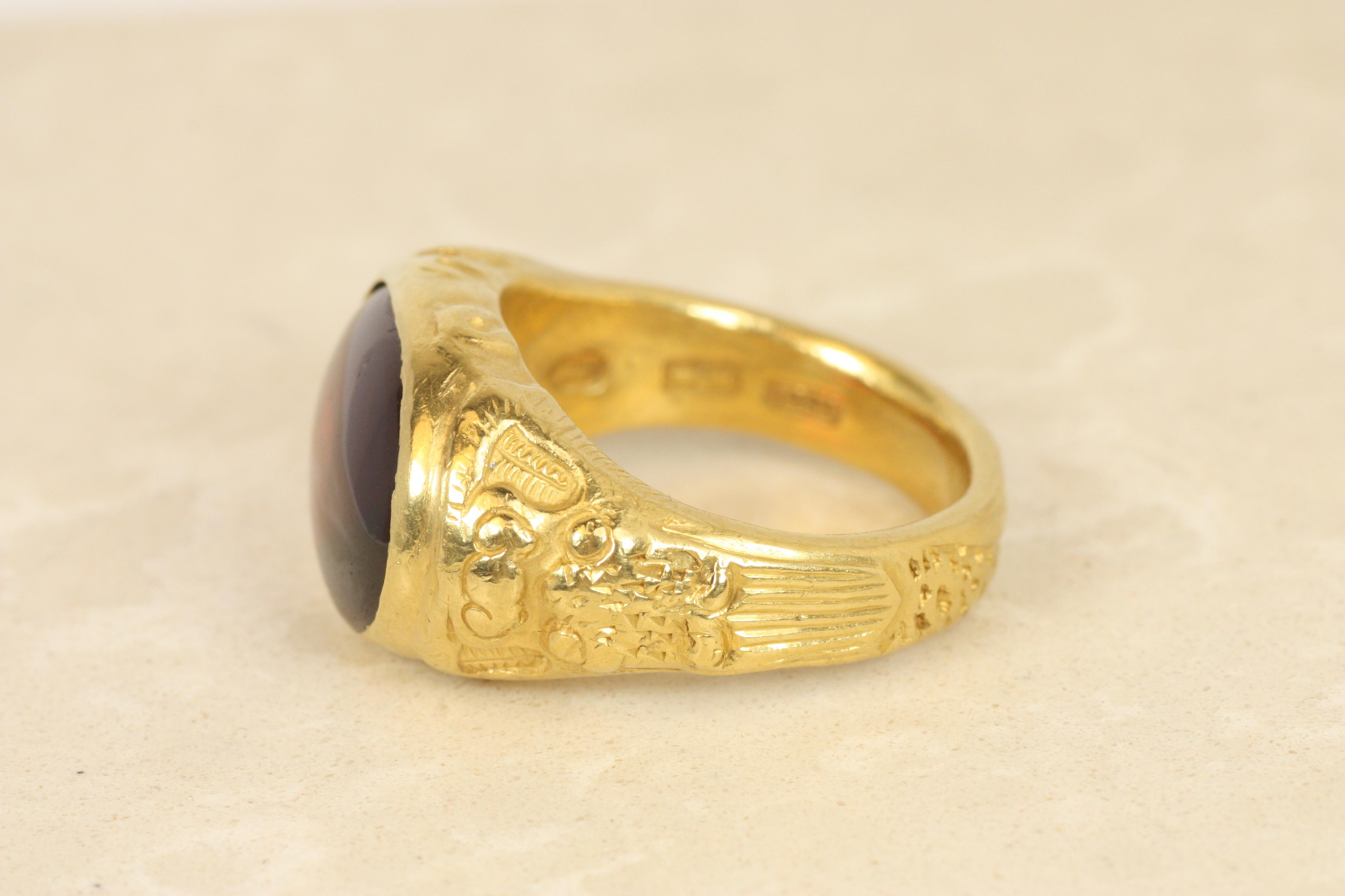Artisan Chinese Dragon Garnet Ring – 22K Yellow Gold, Darlene deSedle For Sale