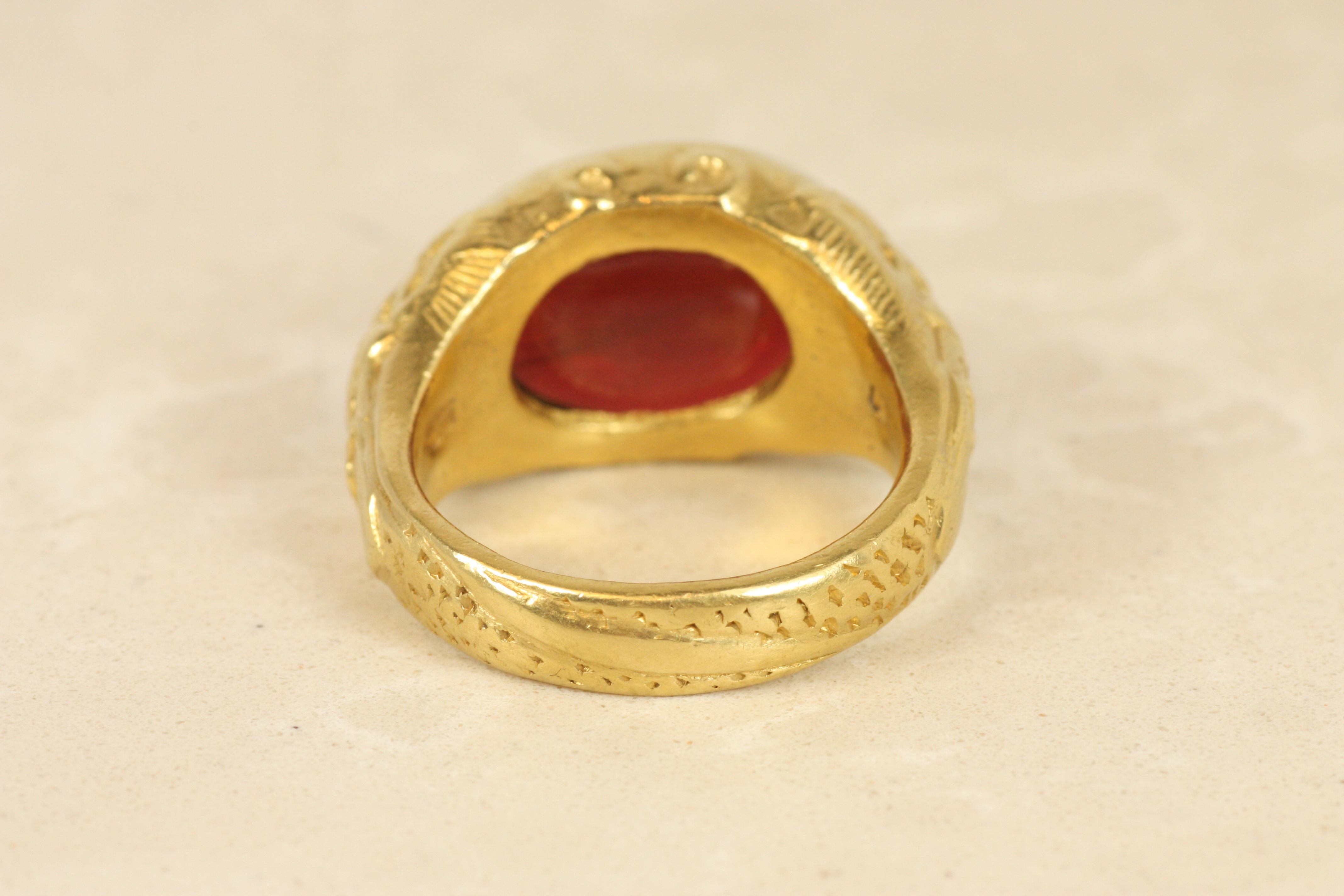Women's or Men's Chinese Dragon Garnet Ring – 22K Yellow Gold, Darlene deSedle For Sale