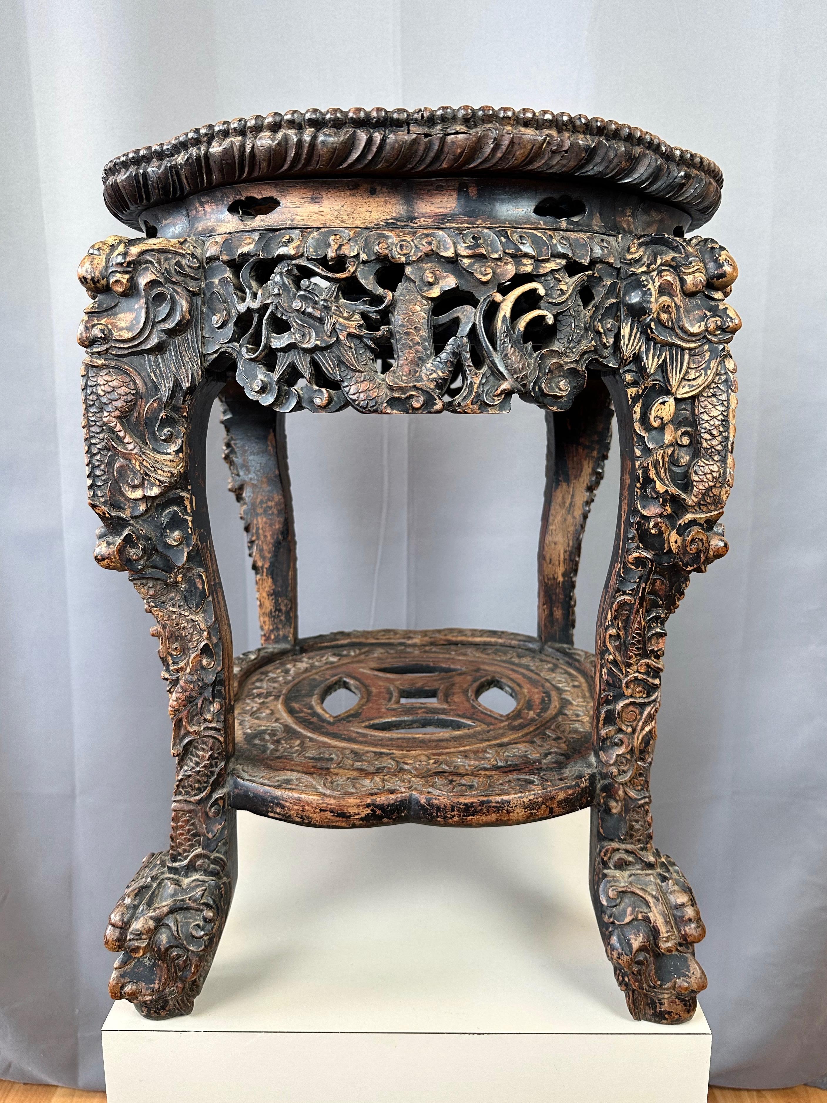 Chinese Dragon Motif Hand-Carved Ebonized Elm and Marble Taboret, Mid 19th C. For Sale 5