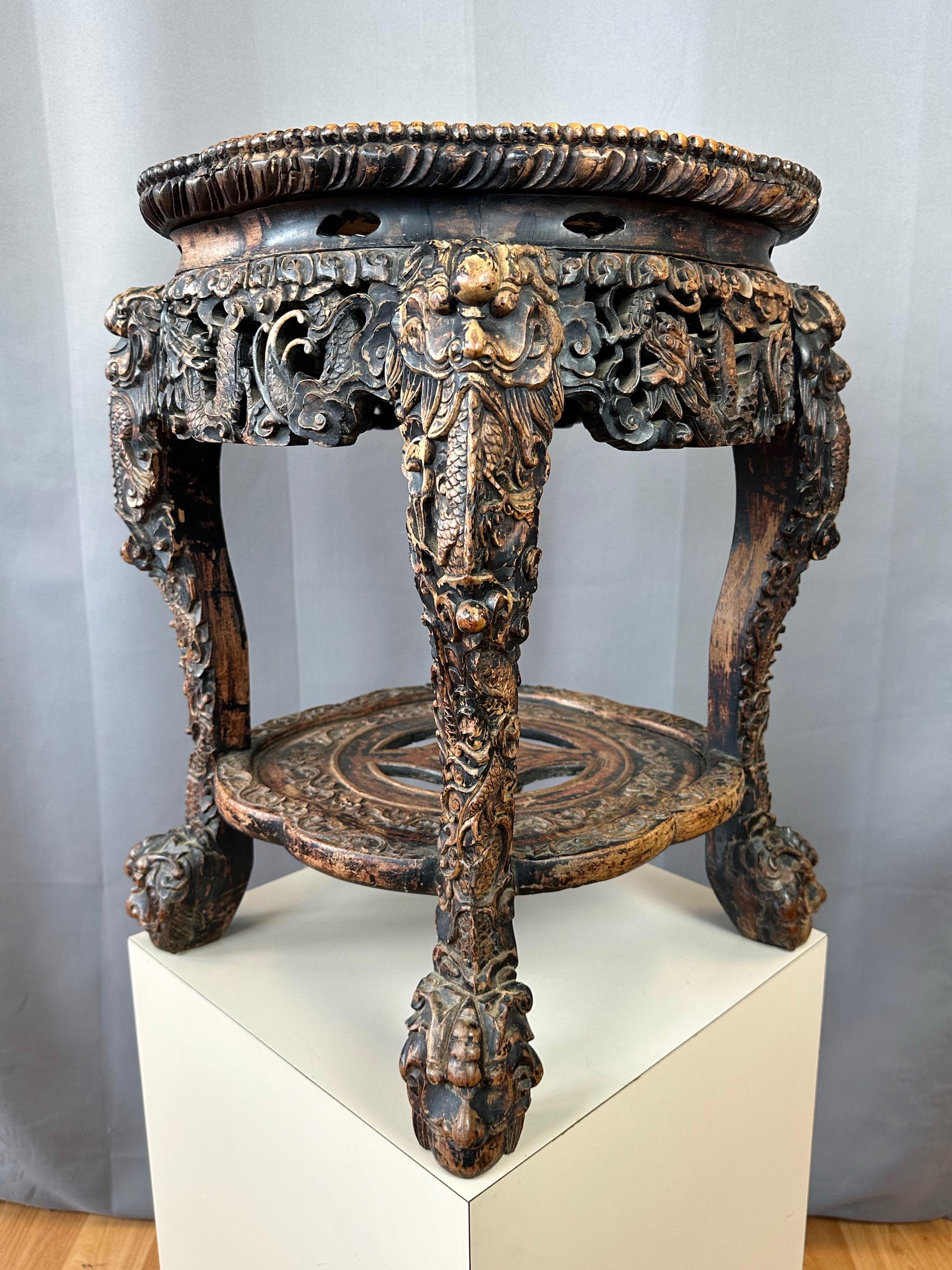 Chinese Dragon Motif Hand-Carved Ebonized Elm and Marble Taboret, Mid 19th C. For Sale 6