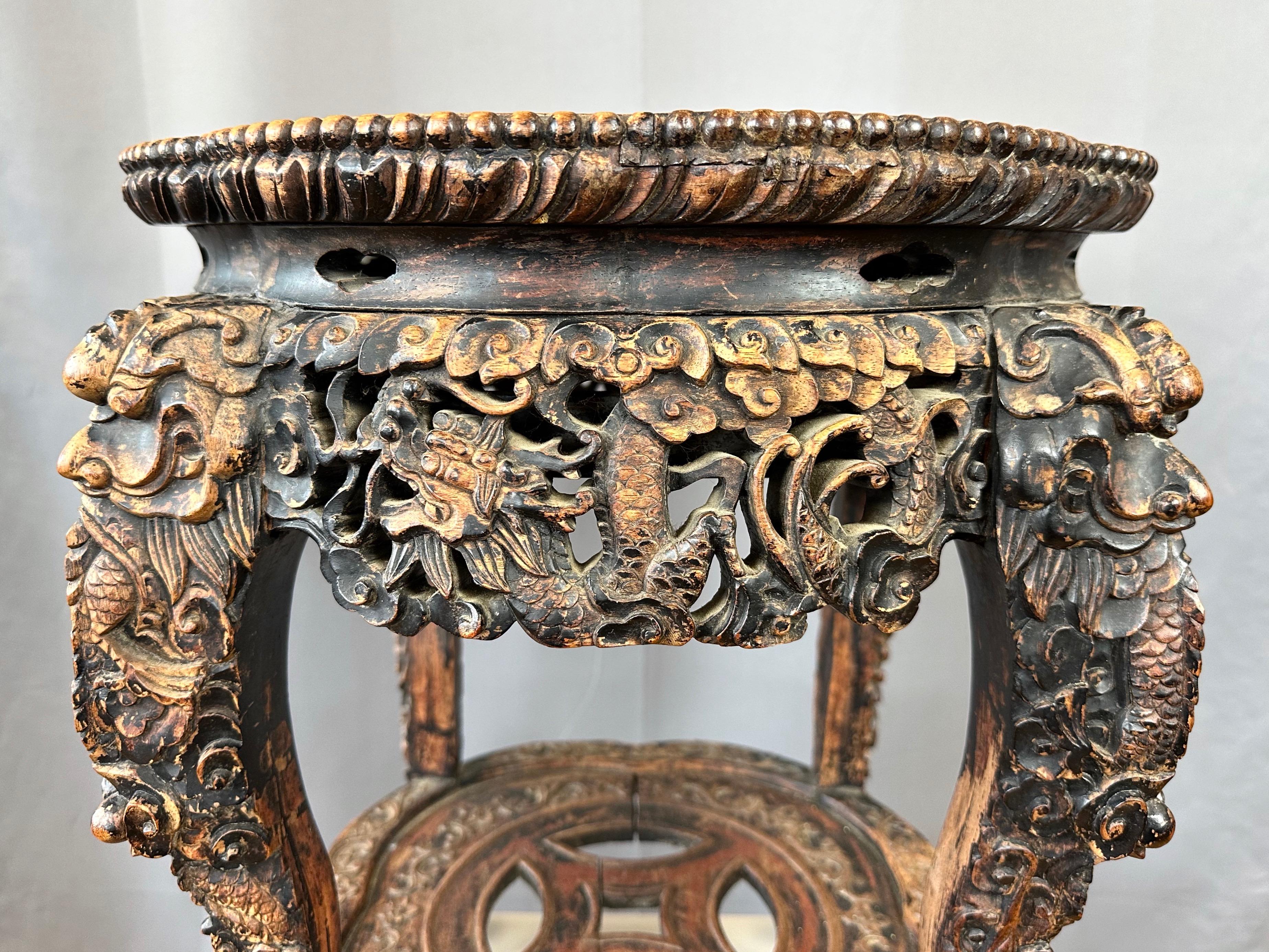 Chinese Dragon Motif Hand-Carved Ebonized Elm and Marble Taboret, Mid 19th C. For Sale 7