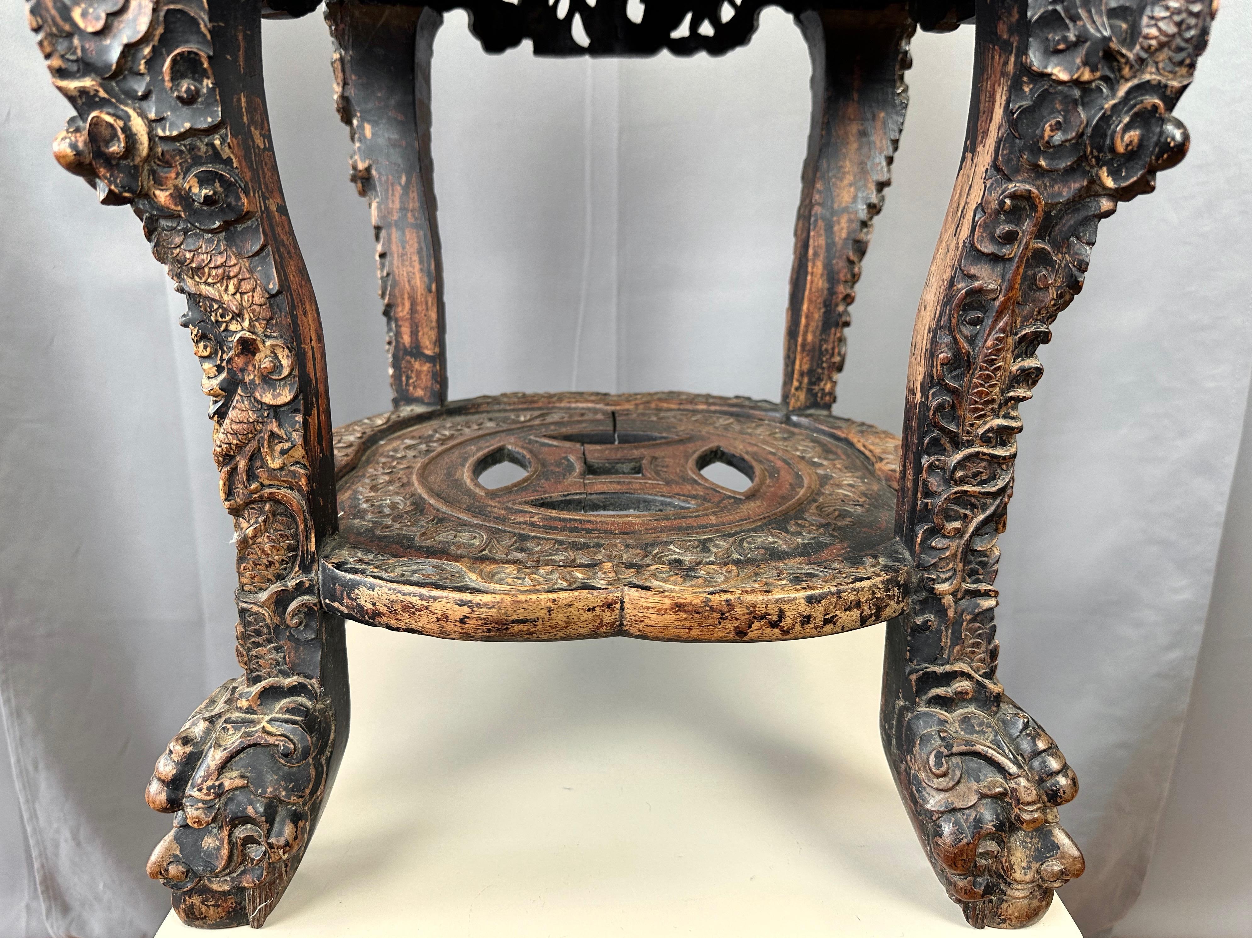 Chinese Dragon Motif Hand-Carved Ebonized Elm and Marble Taboret, Mid 19th C. For Sale 8
