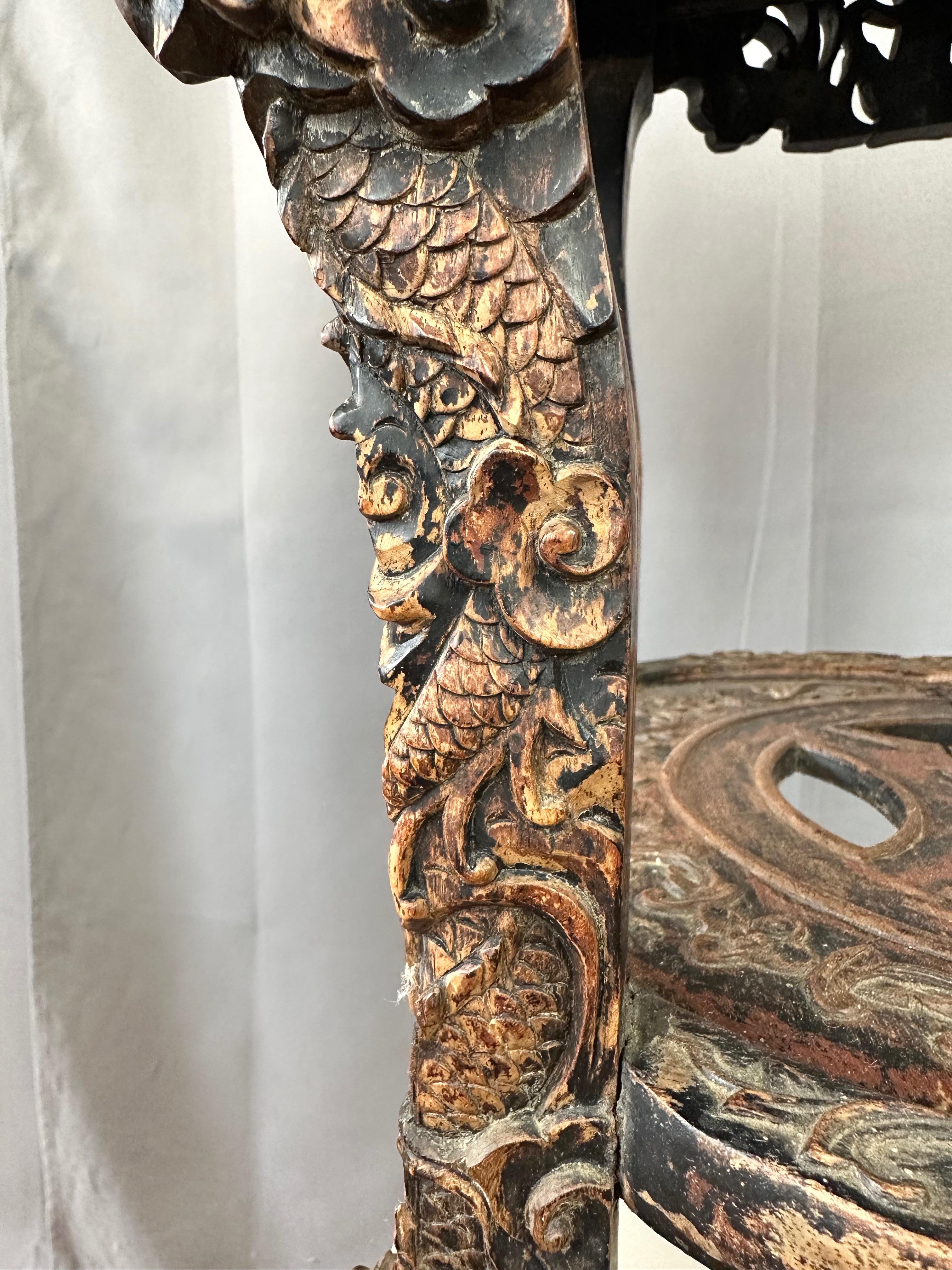 Chinese Dragon Motif Hand-Carved Ebonized Elm and Marble Taboret, Mid 19th C. For Sale 9