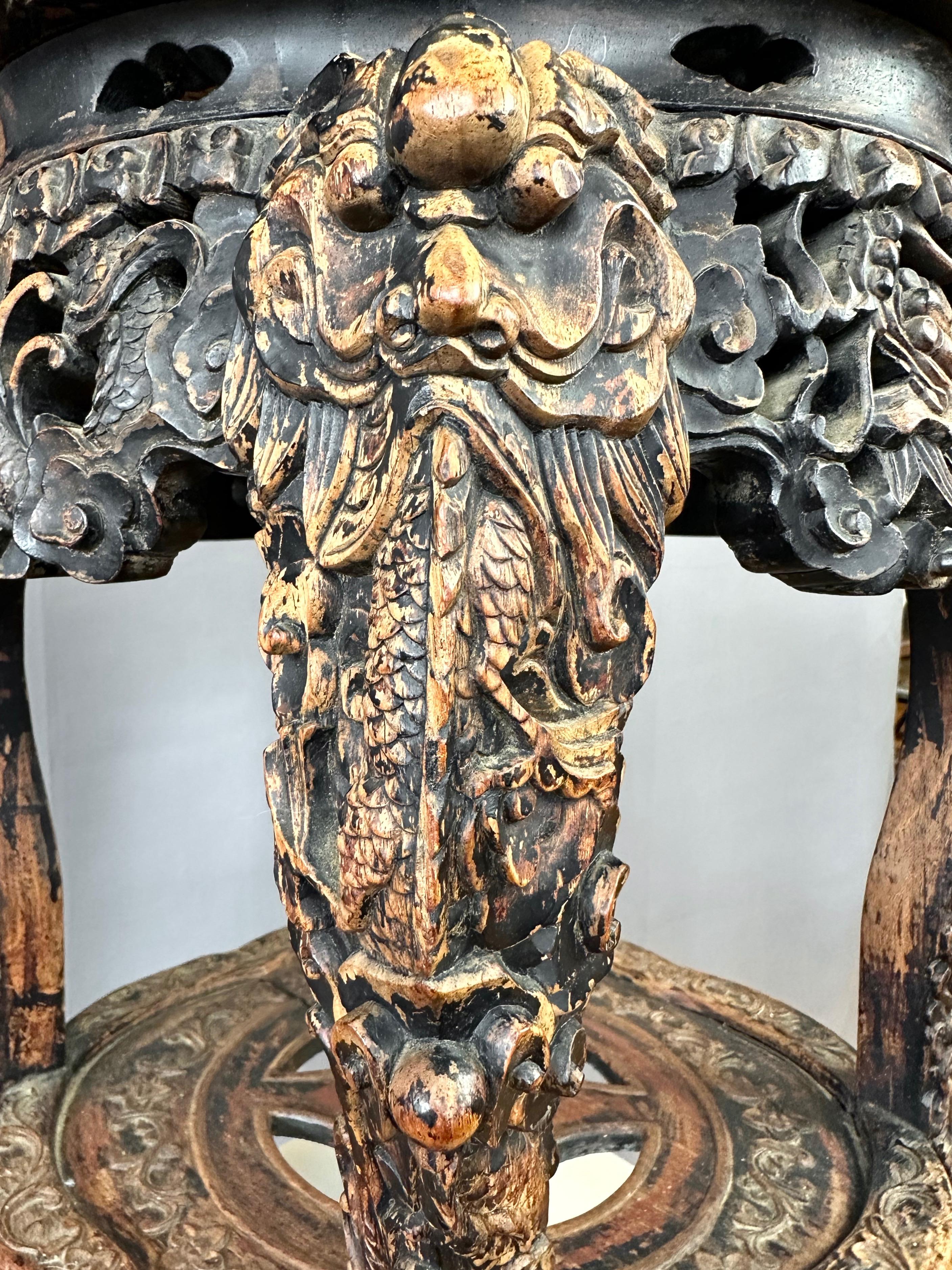 Chinese Dragon Motif Hand-Carved Ebonized Elm and Marble Taboret, Mid 19th C. For Sale 10