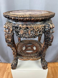 Chinese Dragon Motif Hand-Carved Ebonized Elm and Marble Taboret, Mid 19th C.