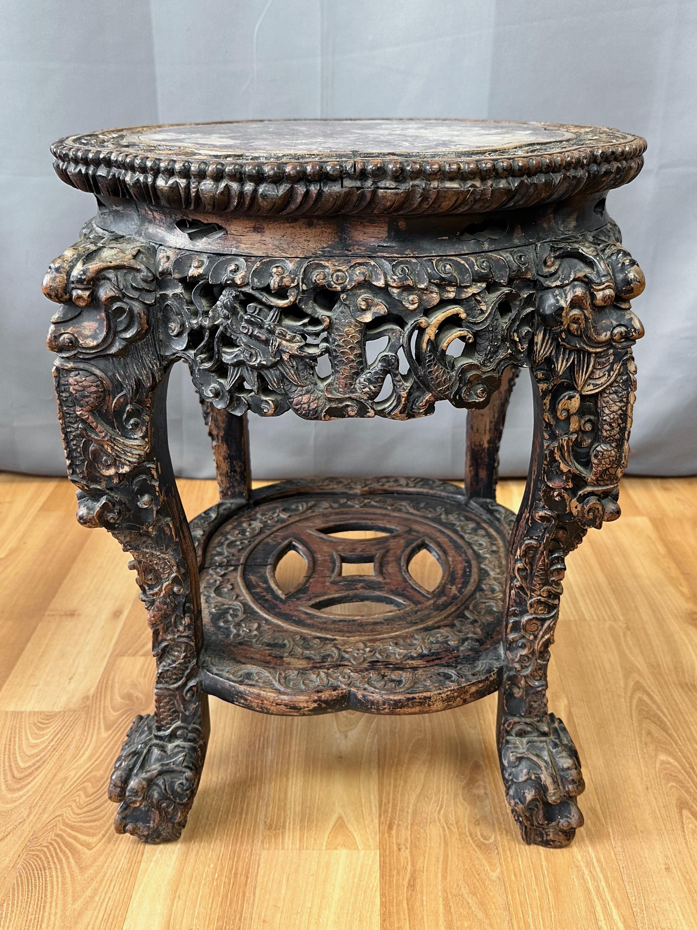 Chinese Dragon Motif Hand-Carved Ebonized Elm and Marble Taboret, Mid 19th C. For Sale 15
