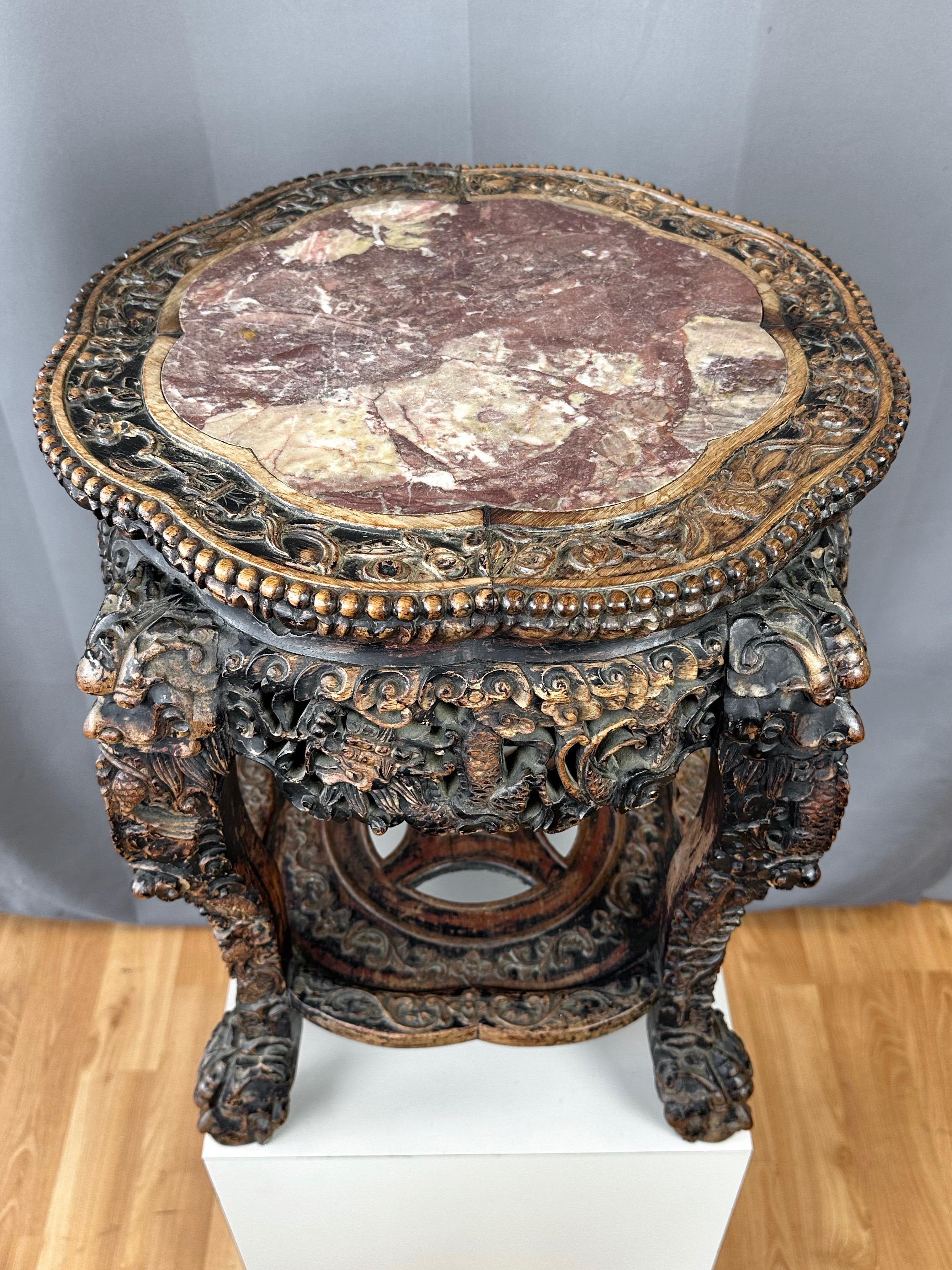 Qing Chinese Dragon Motif Hand-Carved Ebonized Elm and Marble Taboret, Mid 19th C. For Sale