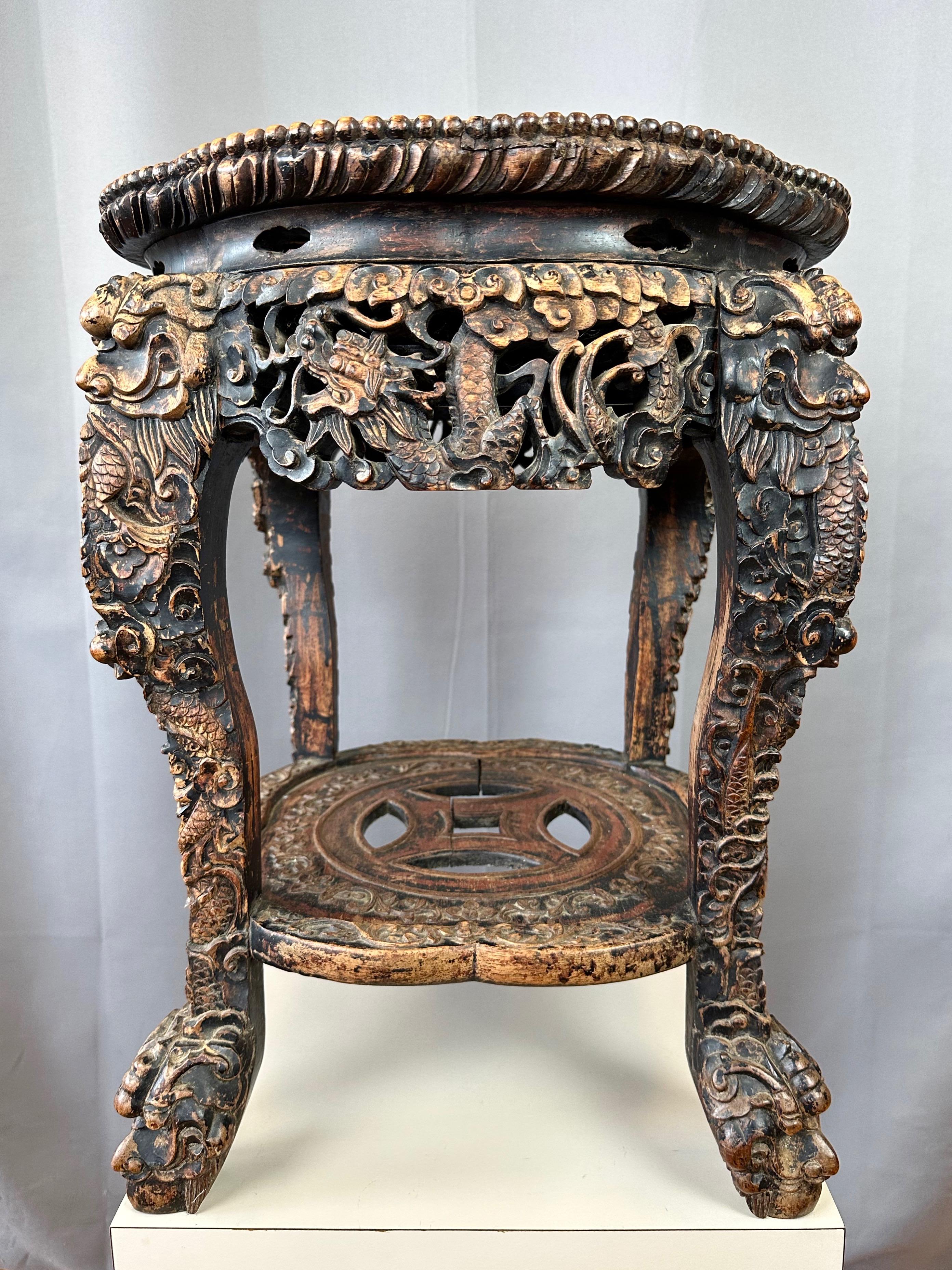 Chinese Dragon Motif Hand-Carved Ebonized Elm and Marble Taboret, Mid 19th C. In Good Condition For Sale In San Francisco, CA