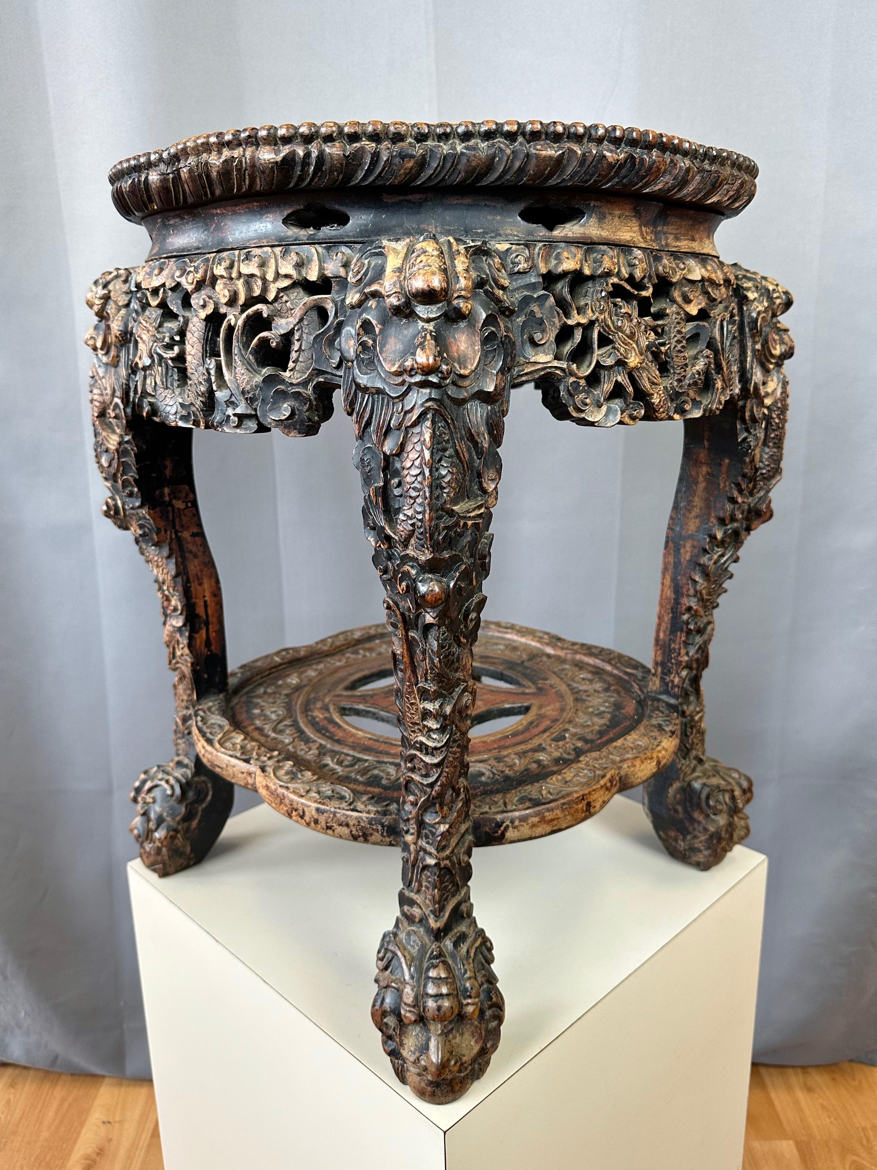 19th Century Chinese Dragon Motif Hand-Carved Ebonized Elm and Marble Taboret, Mid 19th C. For Sale